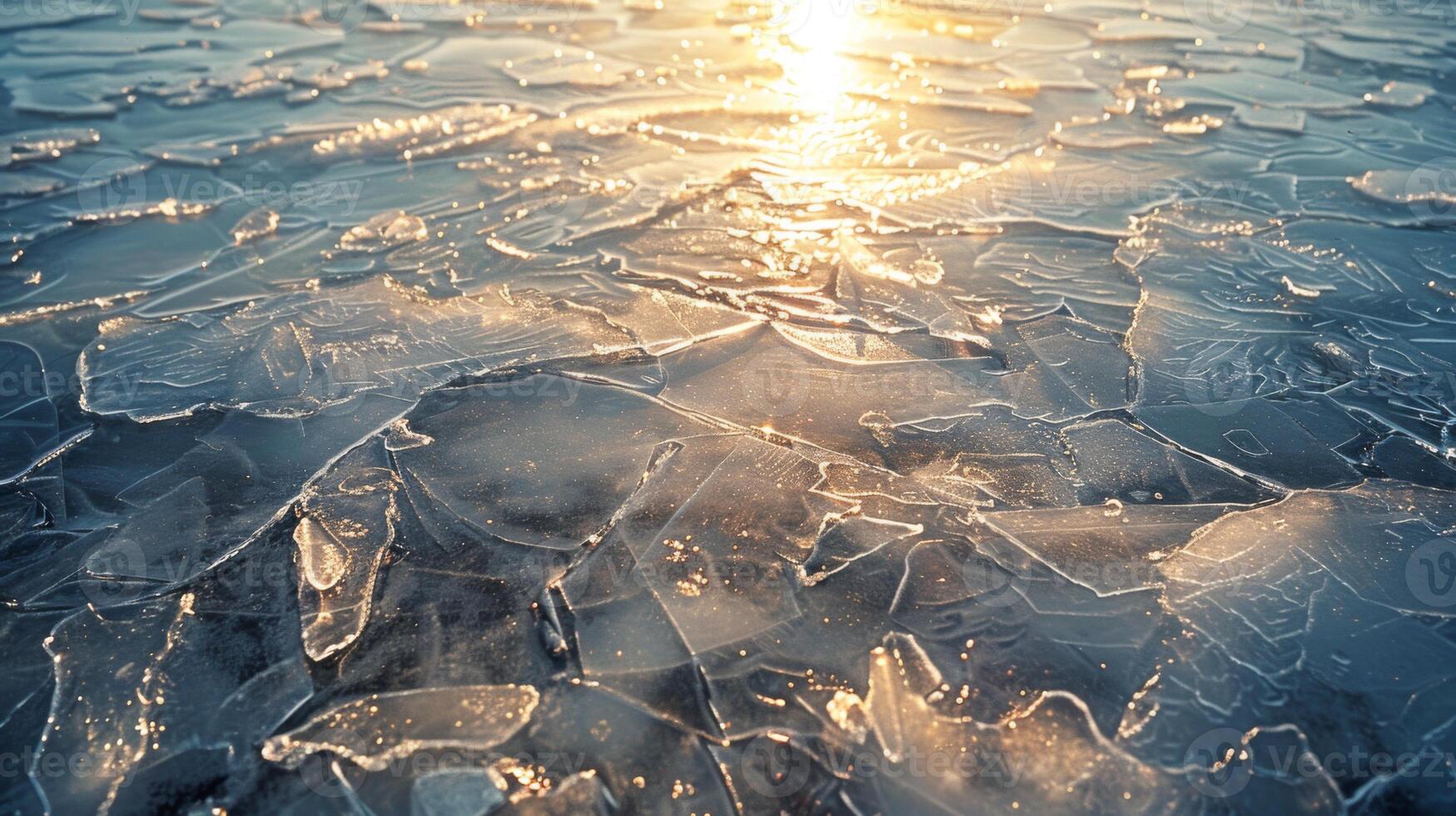 A frozen lake features stunning, intricate ice formations spread across its surface, bathed in the warm glow of the setting sun that casts shimmering reflections. photo