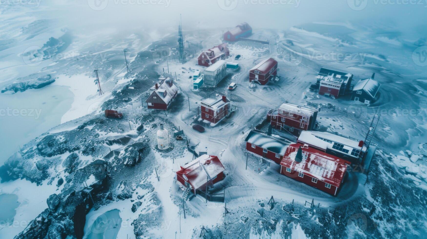 Snow covers the ground and rooftops of a remote settlement marked by red buildings. The cloudy sky enhances the tranquil winter atmosphere, creating a serene scene. photo