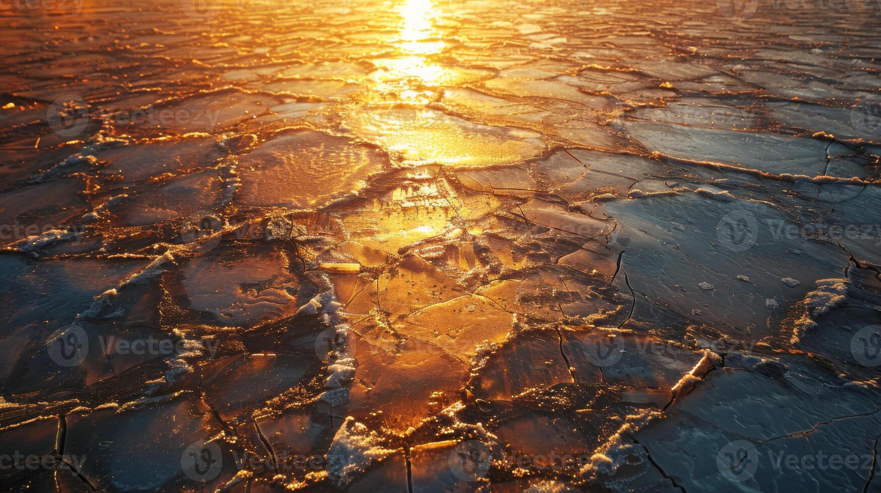 Sunlight casts a golden hue on cracked ice, creating a stunning visual effect. The icy landscape captures the essence of winter as the day transitions to evening. photo