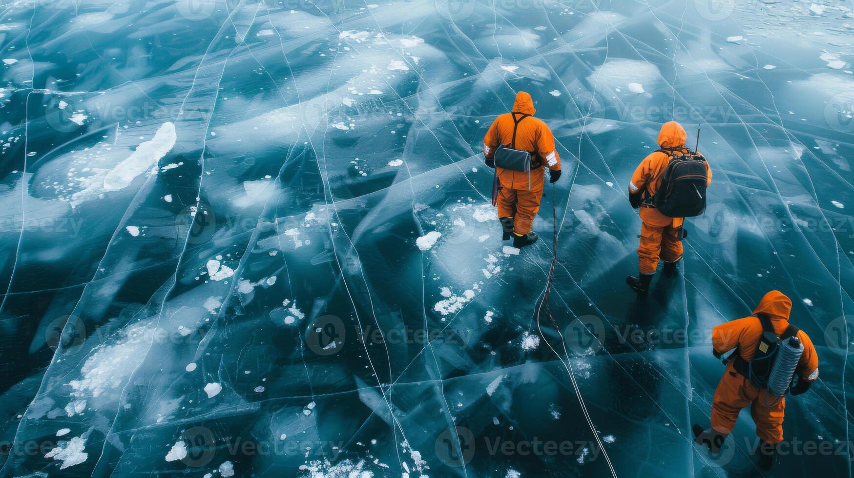 Three scientists in bright orange suits carefully walk on a frozen lake, examining ice patterns and conditions in a remote winter landscape, showcasing cold weather research activities. photo