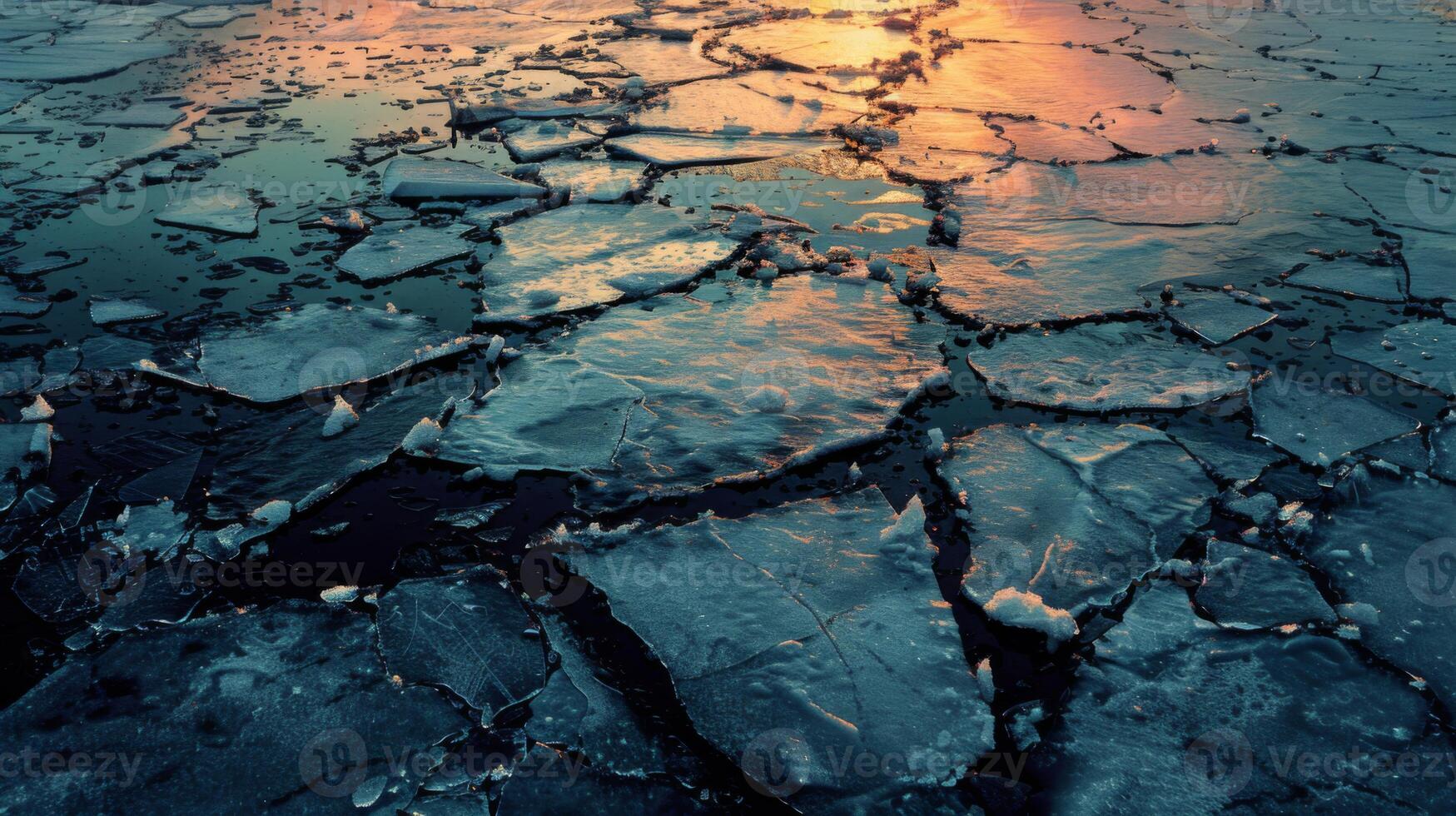 Cracks in thick ice create a mosaic pattern, reflecting warm hues of the sunset over the tranquil surface of a frozen lake during the winter season. photo