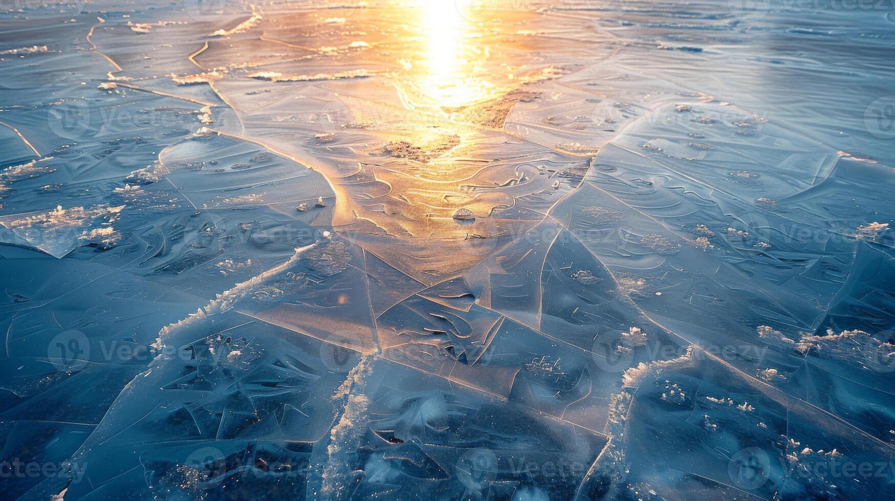 Golden rays of sunlight pierce through the crisp morning air, illuminating the fragmented ice on a frozen lake, creating intricate patterns in an idyllic winter setting. photo