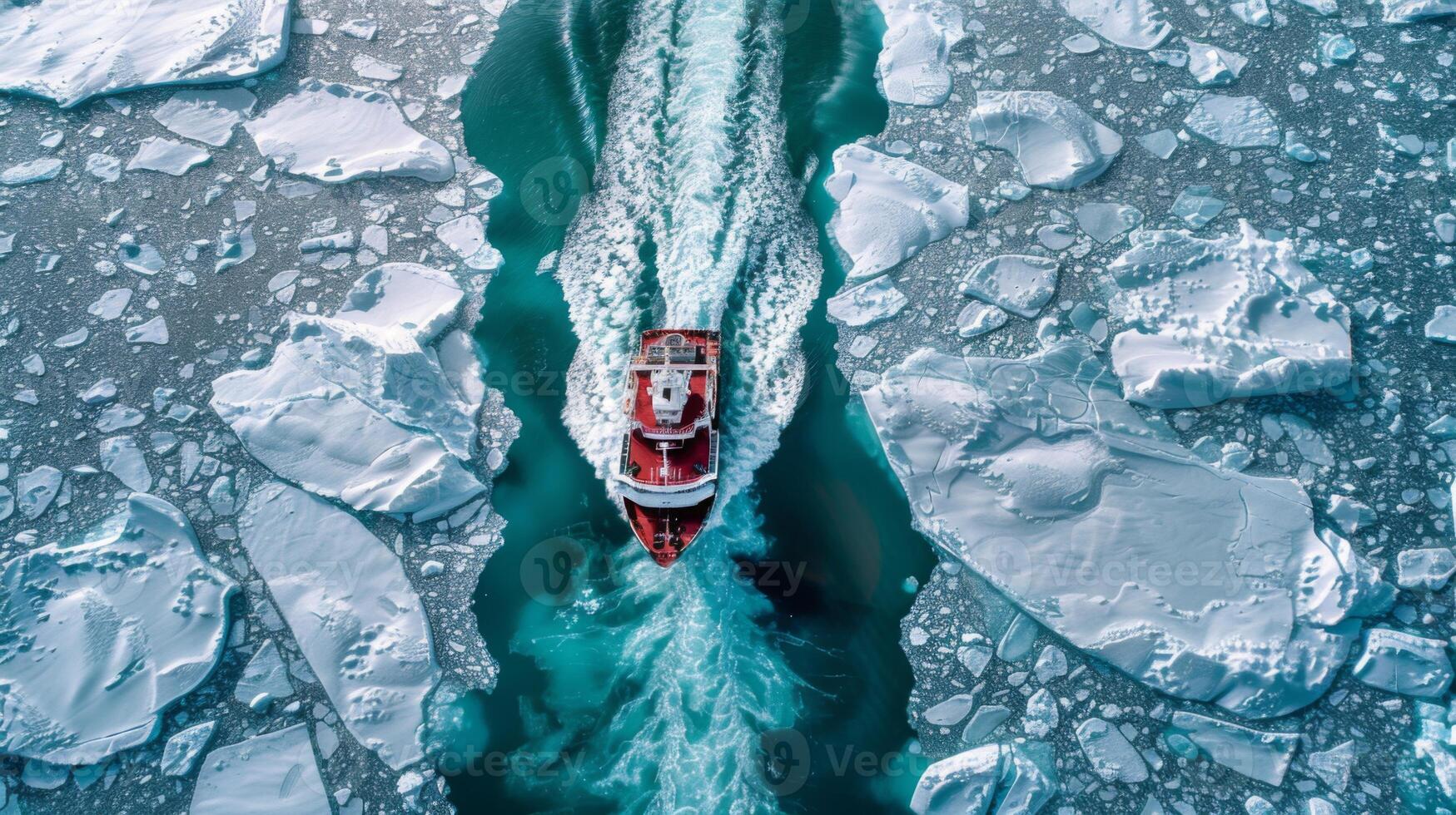 A red boat moves through a narrow channel of open water, leaving a wake as it navigates among large chunks of ice in a cold, winter environment filled with frozen beauty. photo