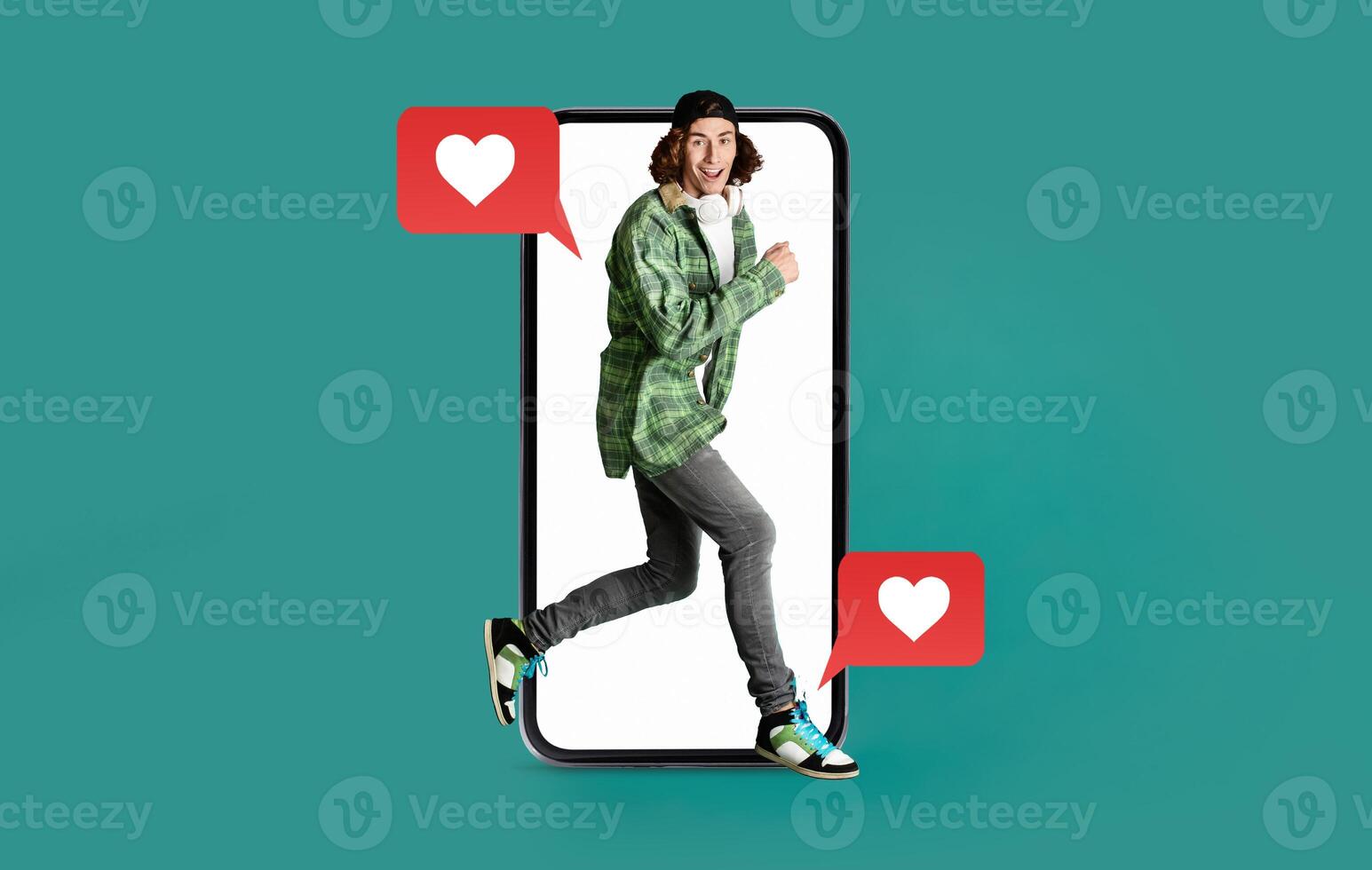 A person joyfully interacts with a smartphone, where text messages pop up. The imagery captures the essence of modern dating, filled with emotion and engagement on social media platforms. photo