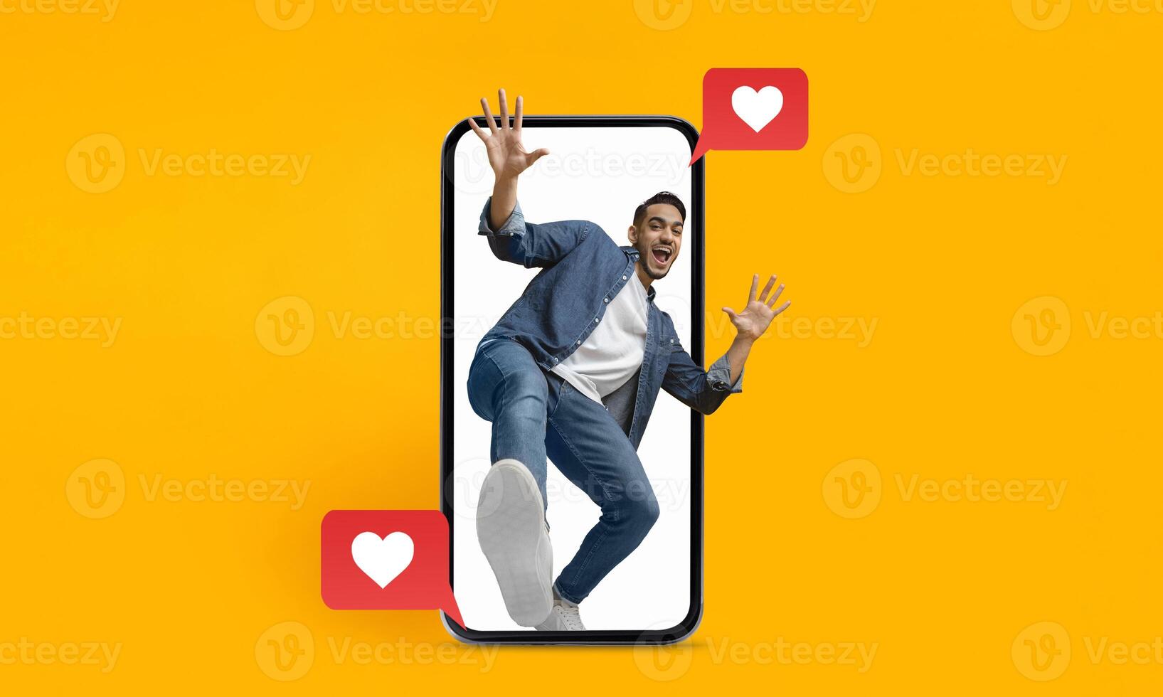 A person joyfully interacts with a smartphone, showing enthusiasm for social media and texting. The colorful background emphasizes the themes of love and connection in digital communication. photo
