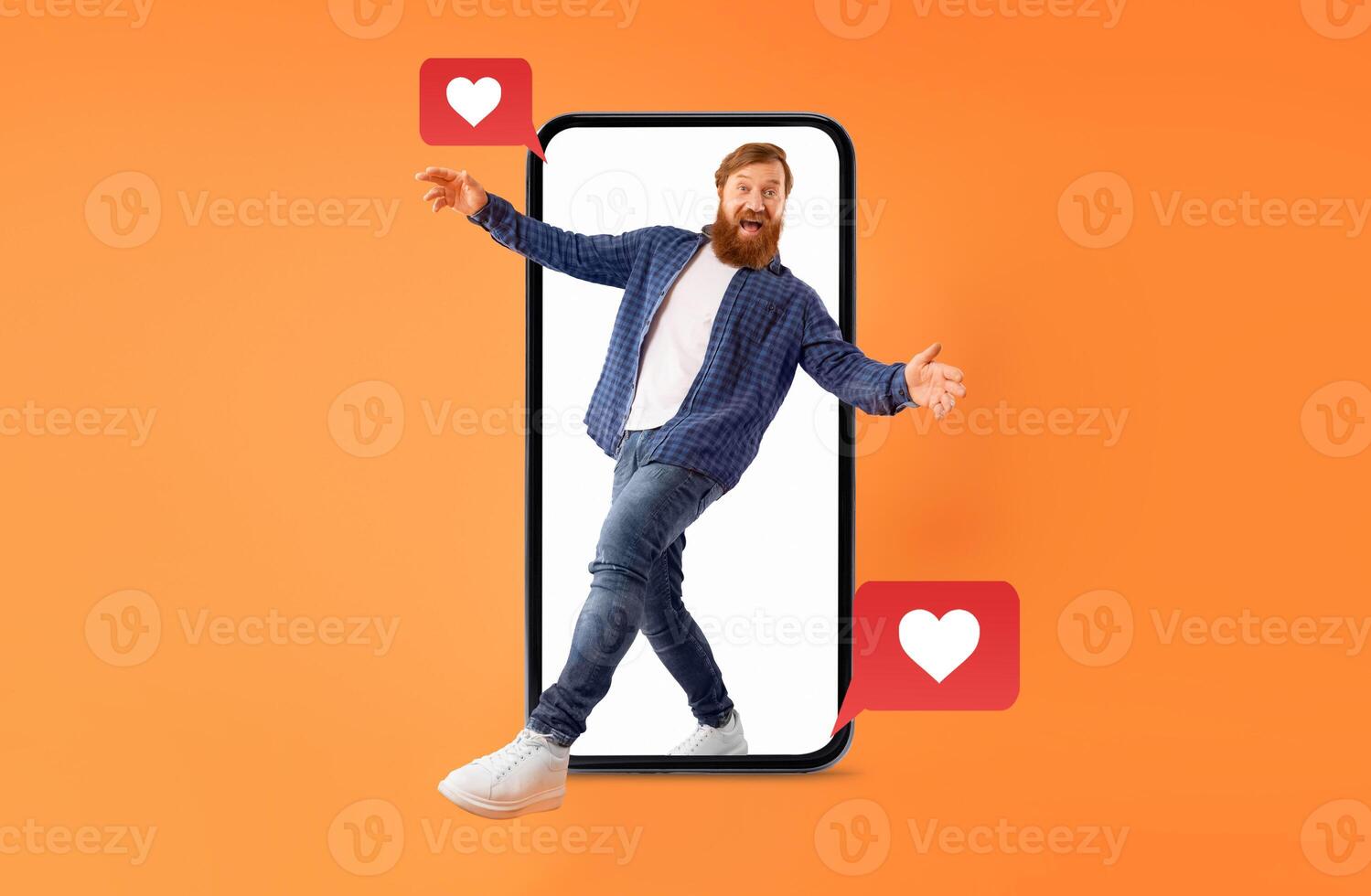 A person stands playfully inside a smartphone, showcasing excitement. Hearts pop up as symbols of love and connection, highlighting the role of technology in dating and communication. photo