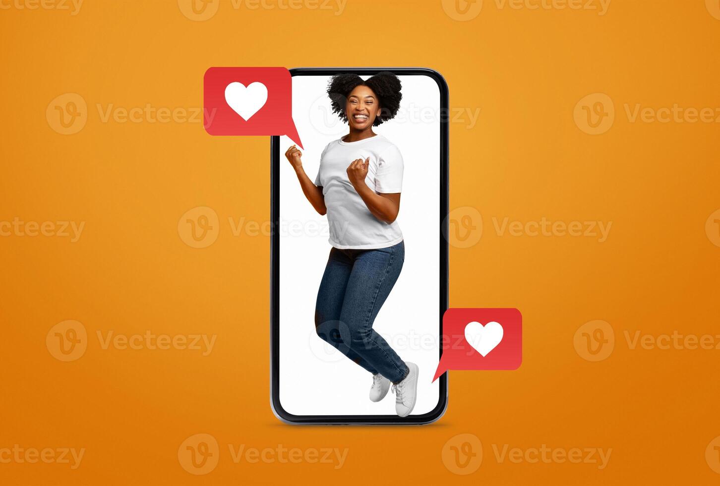 A person expresses excitement while holding a smartphone, surrounded by symbols of love. This playful collage highlights the joy of connecting over social media and messaging apps. photo