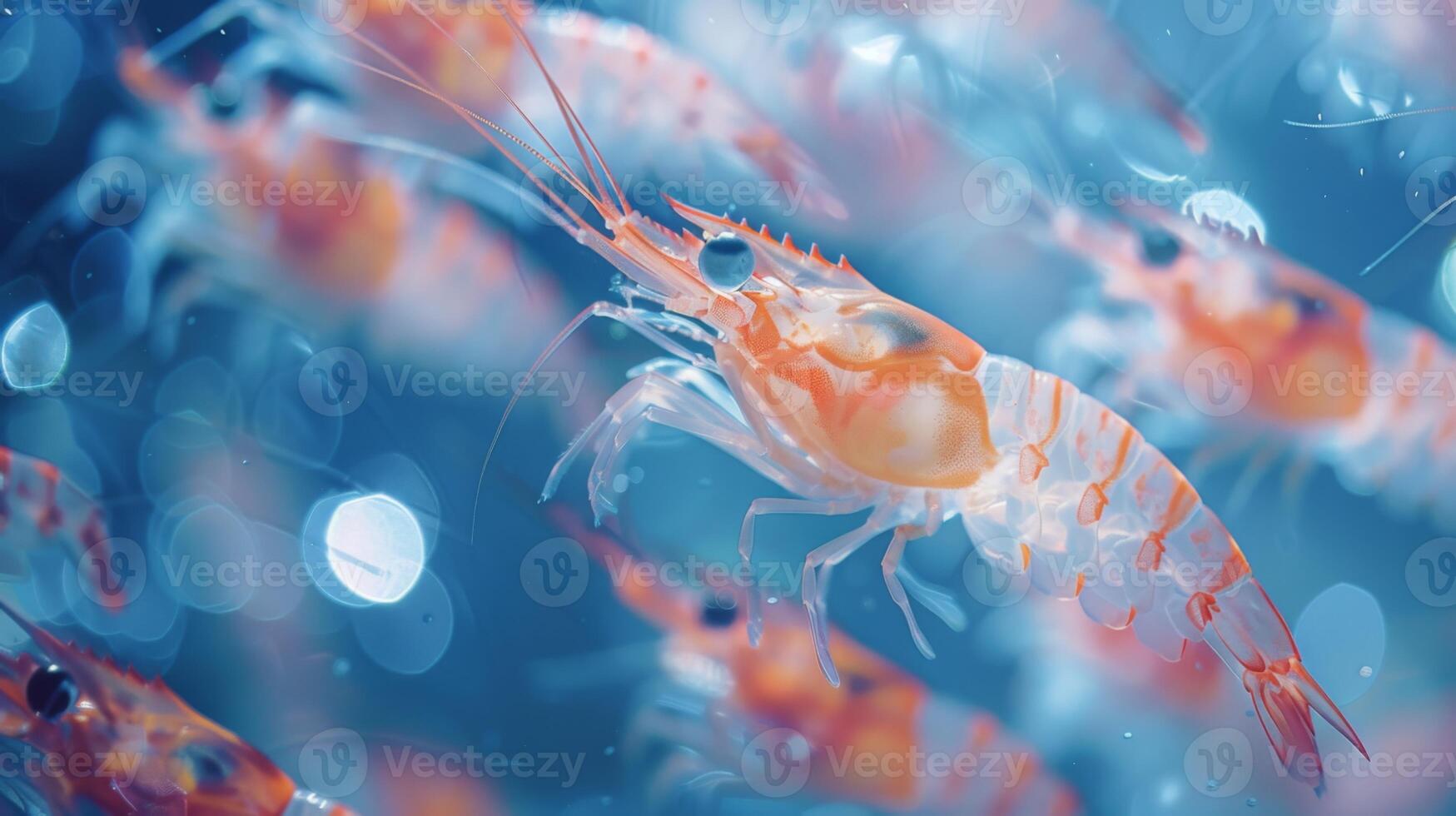 A vibrant group of shrimp swims in clear blue water, exhibiting intricate details and lively colors, highlighting their natural habitat during daylight. photo