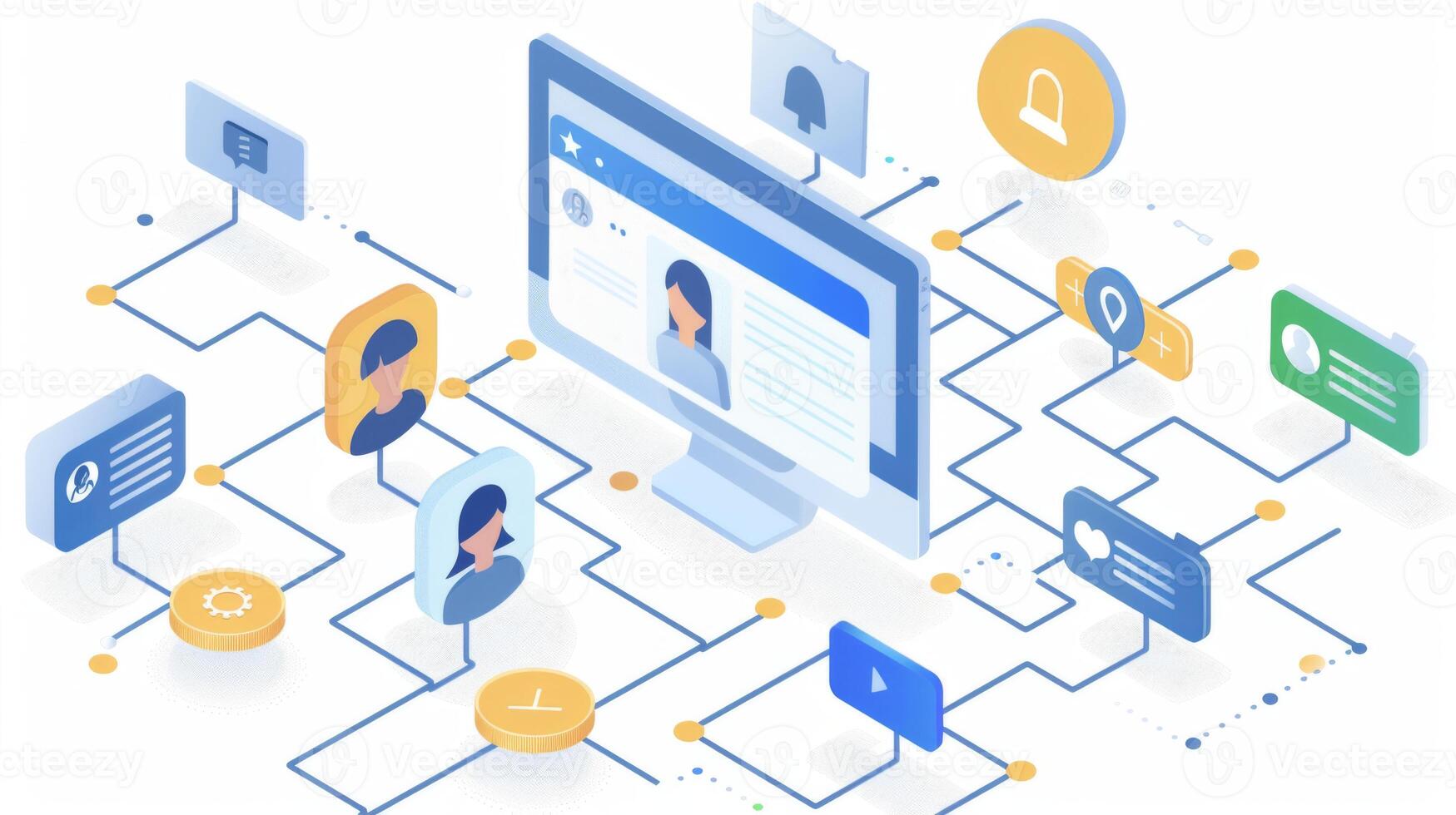 A vibrant digital networking platform highlights various user profiles, messages, and notifications arranged in a dynamic, interconnected layout, representing online communication at its core. photo