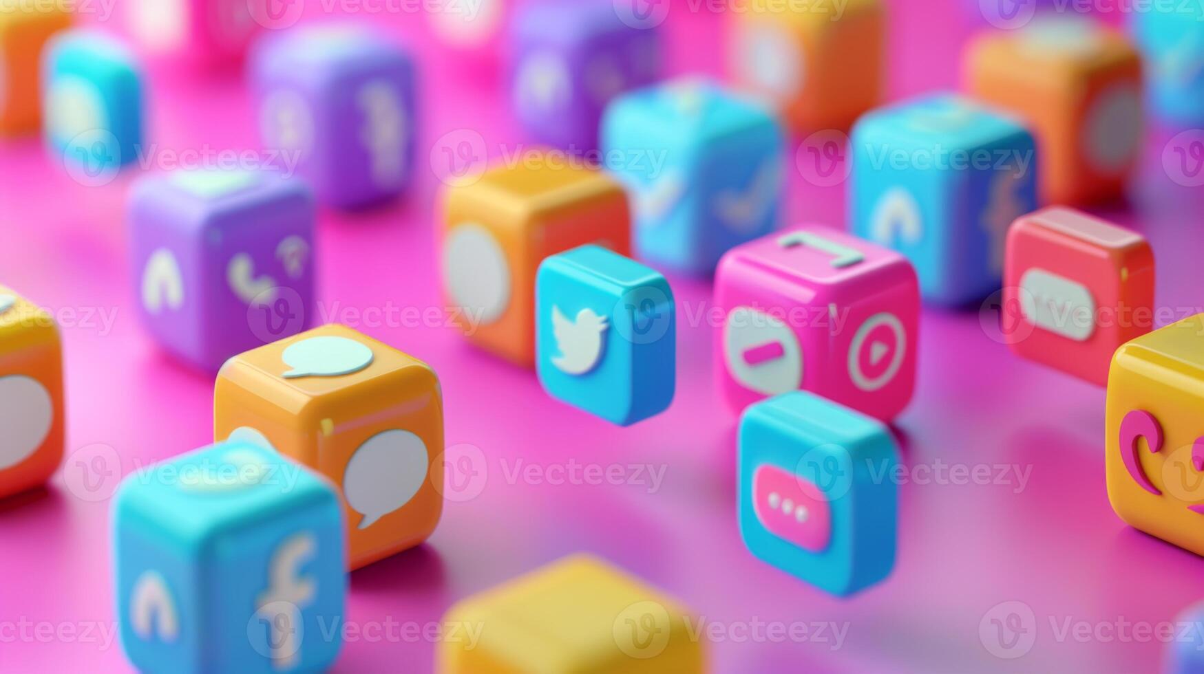 A collection of vivid blocks featuring various social media icons is scattered across a bright pink surface, showcasing the impact of digital platforms in everyday life. photo