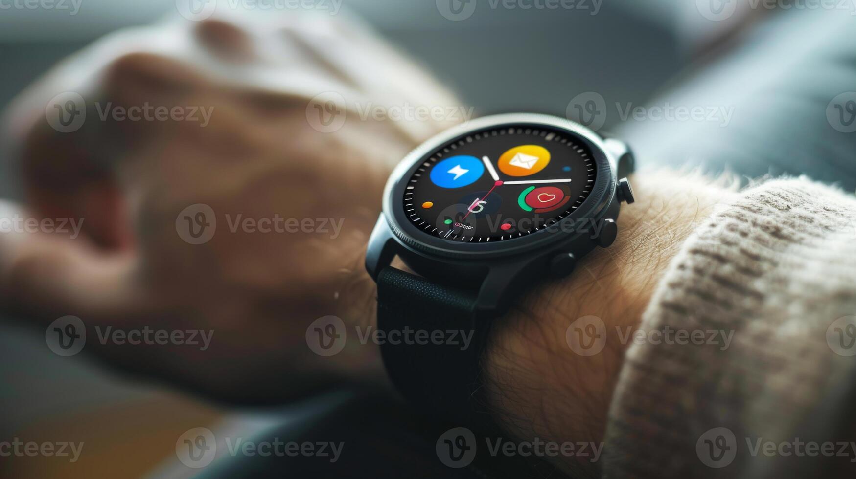 A sleek smartwatch with vibrant notifications is prominently featured on a wrist. The setting reflects a warm, inviting atmosphere during the daytime, emphasizing comfort. photo