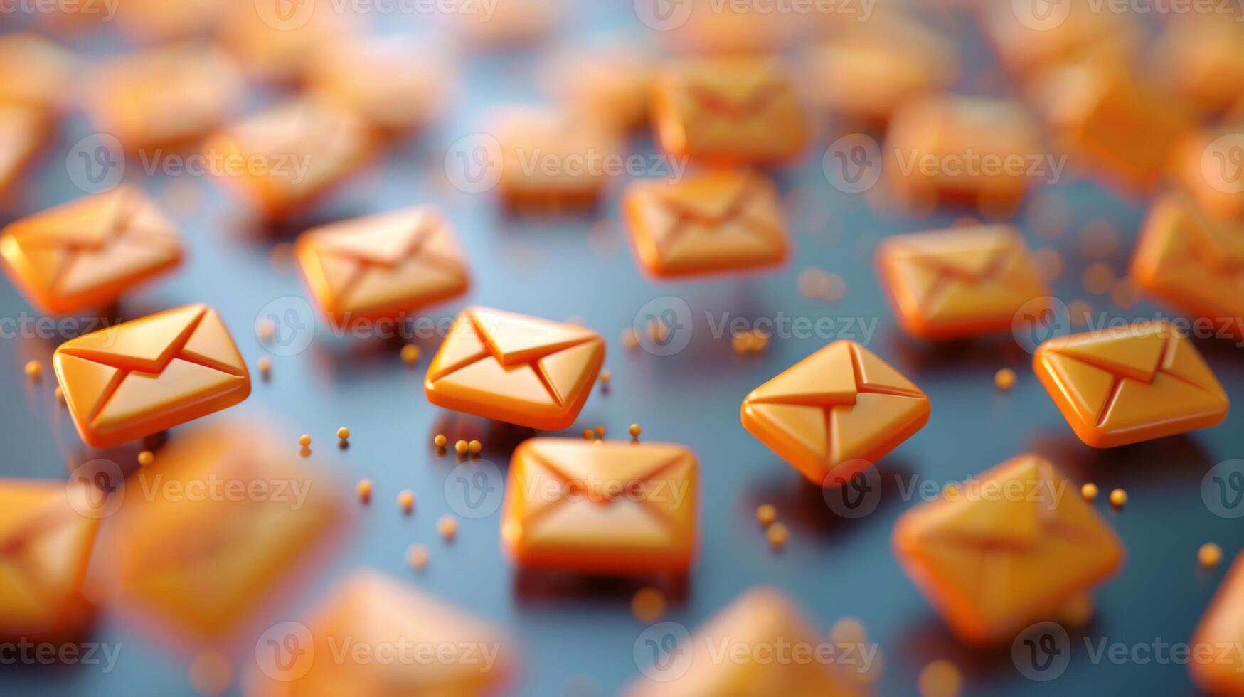 A vibrant arrangement of orange email icons lies scattered across a blue background, symbolizing digital communication and connectivity in a dynamic visual setting. photo
