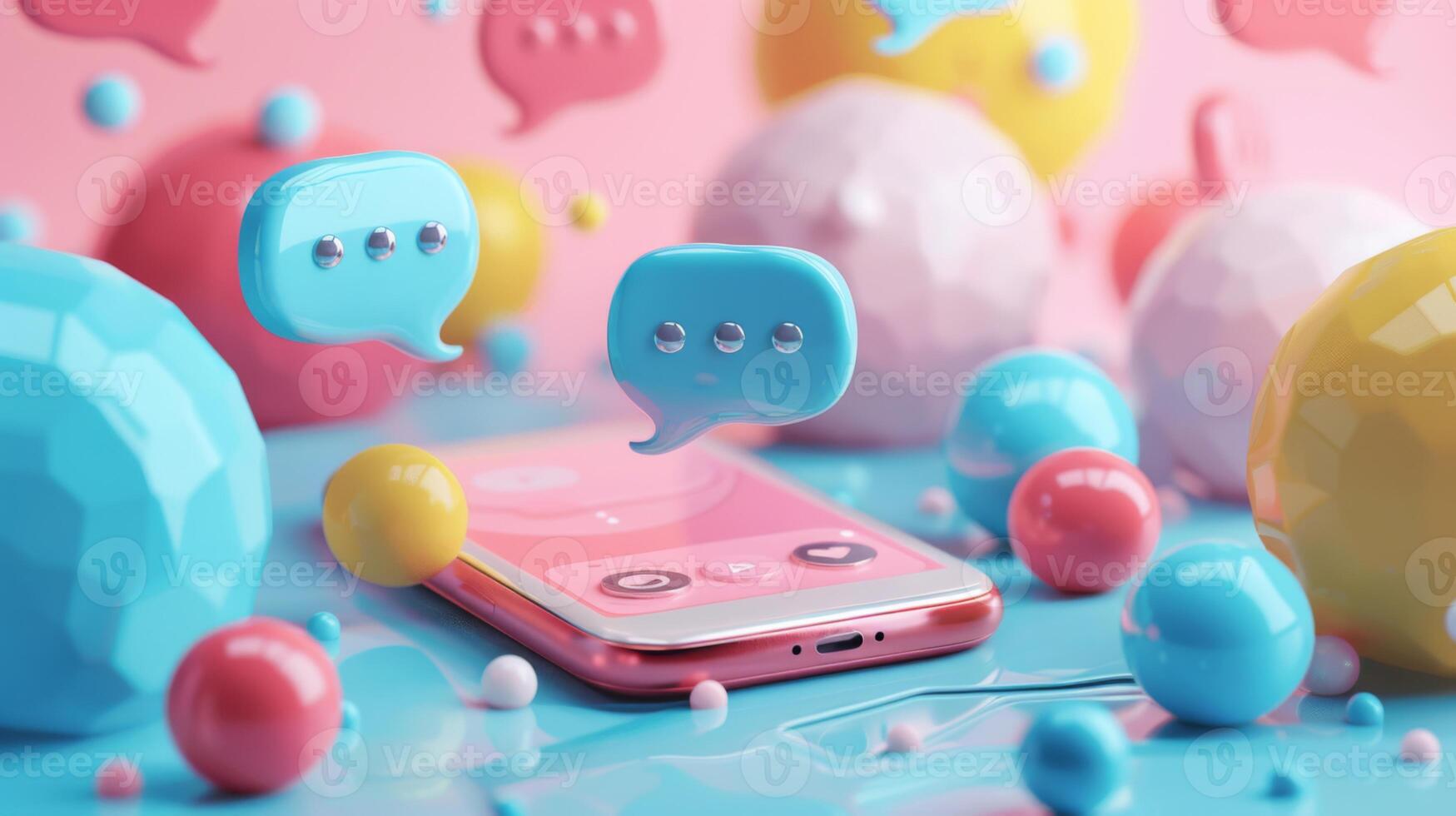 A smartphone surrounded by playful pastel chat bubbles and colorful spheres creates a lively atmosphere at a digital art exhibit, showcasing modern communication. photo