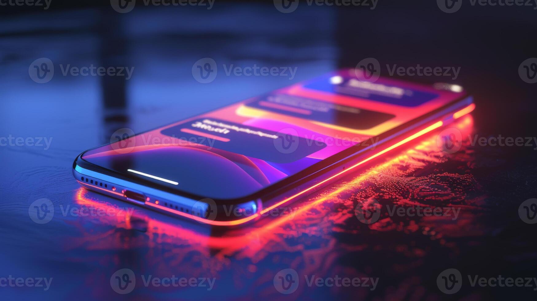 A smartphone is lit up with vivid notifications, showcasing bright colors on the screen while resting on a dark and reflective surface, creating a dynamic and modern atmosphere. photo