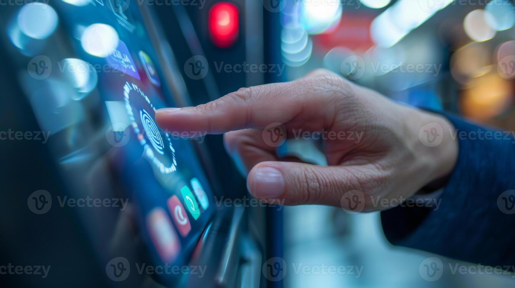 A hand reaches out to touch a colorful touchscreen interface at a kiosk located in a crowded area, showcasing advanced technology in a contemporary setting. photo