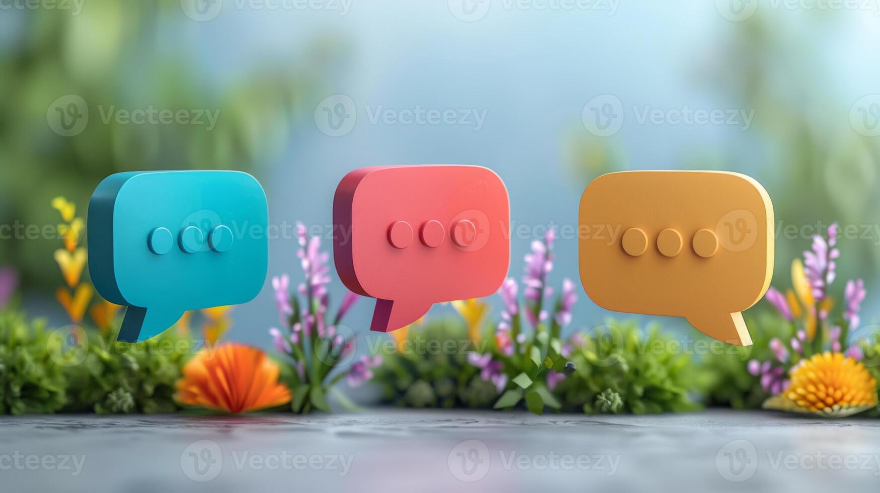 Colorful speech bubbles in blue, red, and yellow stand amidst lush flowers in a garden, capturing a cheerful and lively atmosphere filled with creativity. photo