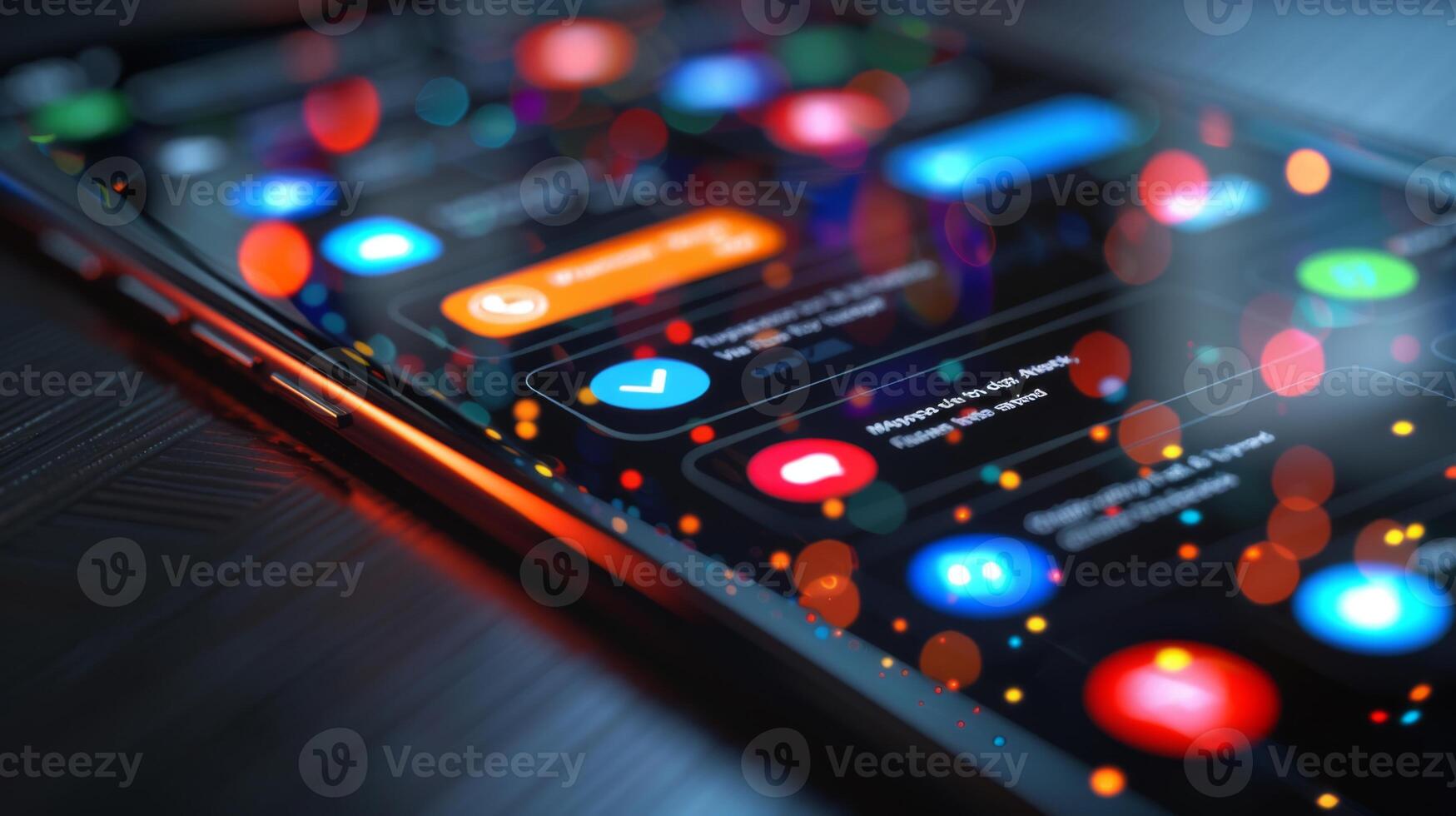 A smartphone rests on a dark surface, showcasing a vibrant display of app notifications in various colors, creating a lively atmosphere in low light. photo