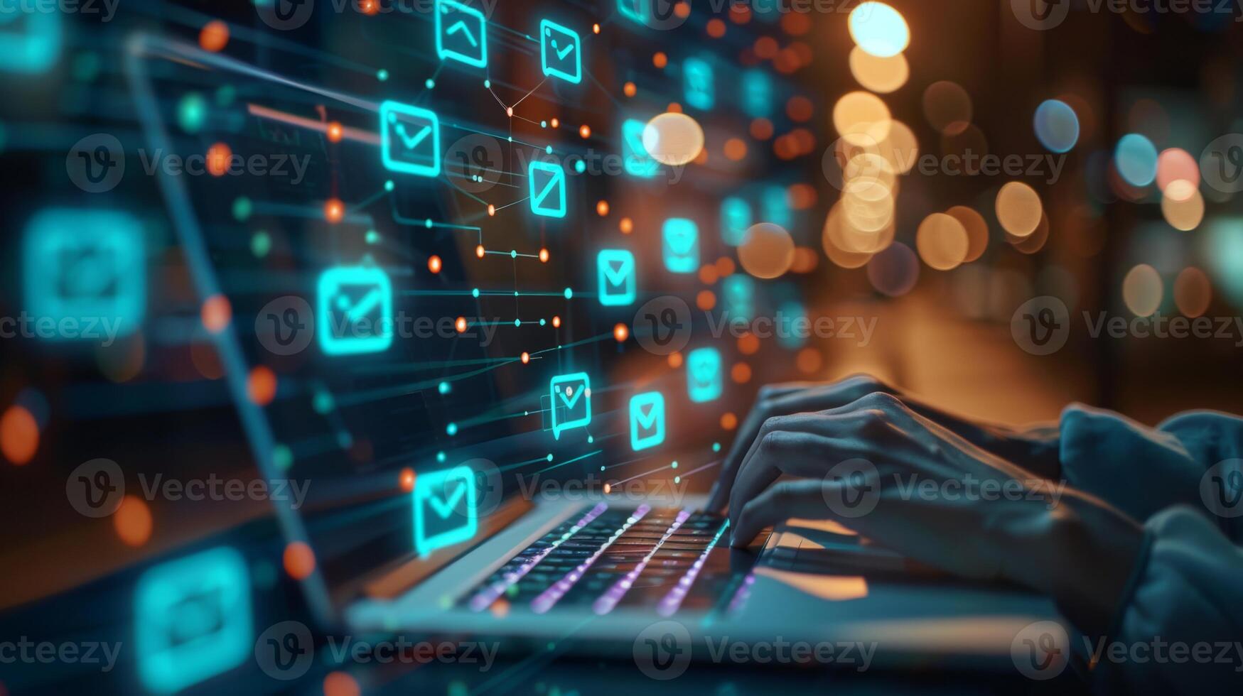 Hands are actively typing on a laptop in a dimly lit space filled with glowing email icons. The background features blurred urban lights, enhancing a modern technological atmosphere. photo