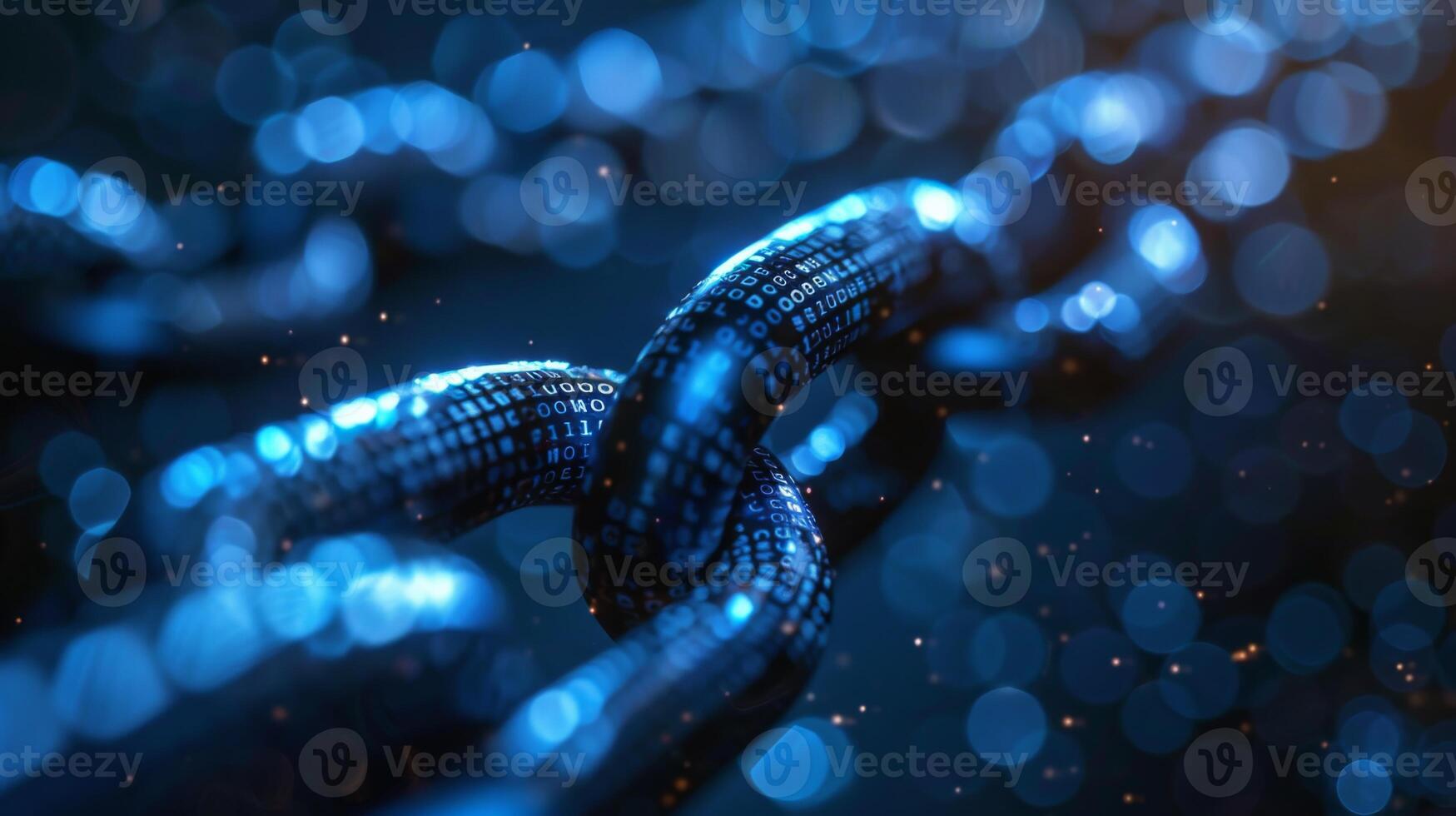 A close view of a metallic chain links infused with binary code illuminated by soft blue light, reflecting innovation and interconnectedness in the digital realm. photo