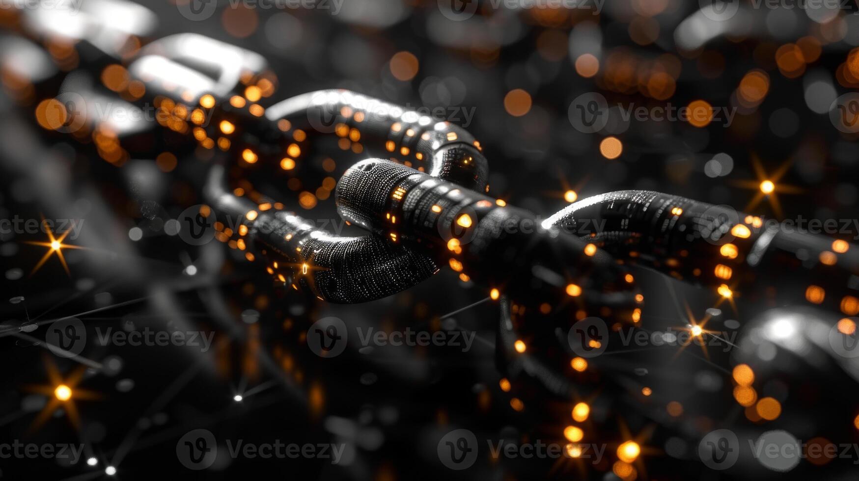 Glowing chain links intertwine, illustrating digital connectivity and security in a dark, tech inspired setting with sparkling lights enhancing the atmosphere. photo