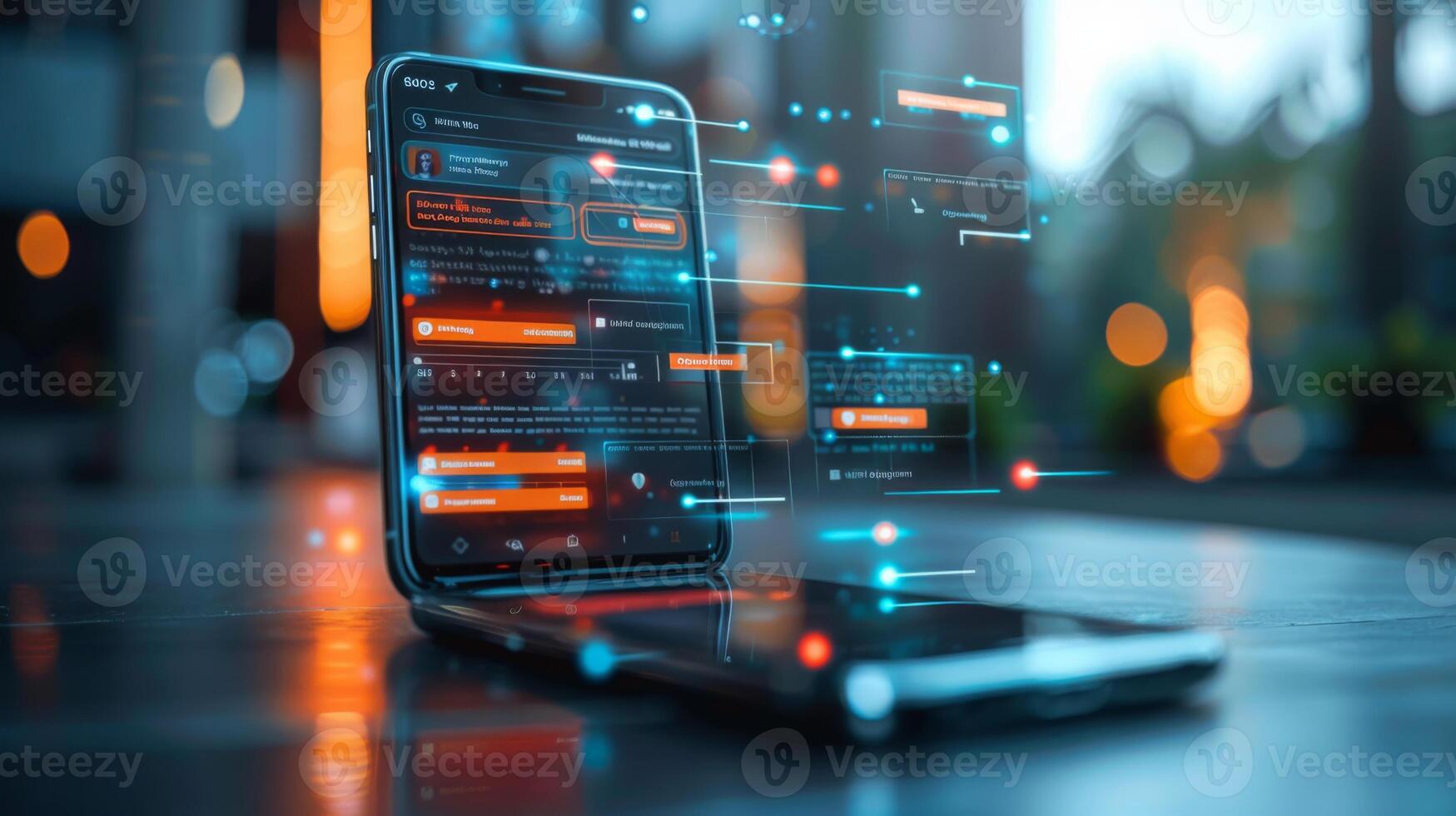 A modern smartphone rests on a table showcasing vivid notifications and digital interactions against an urban backdrop illuminated by twilight. photo