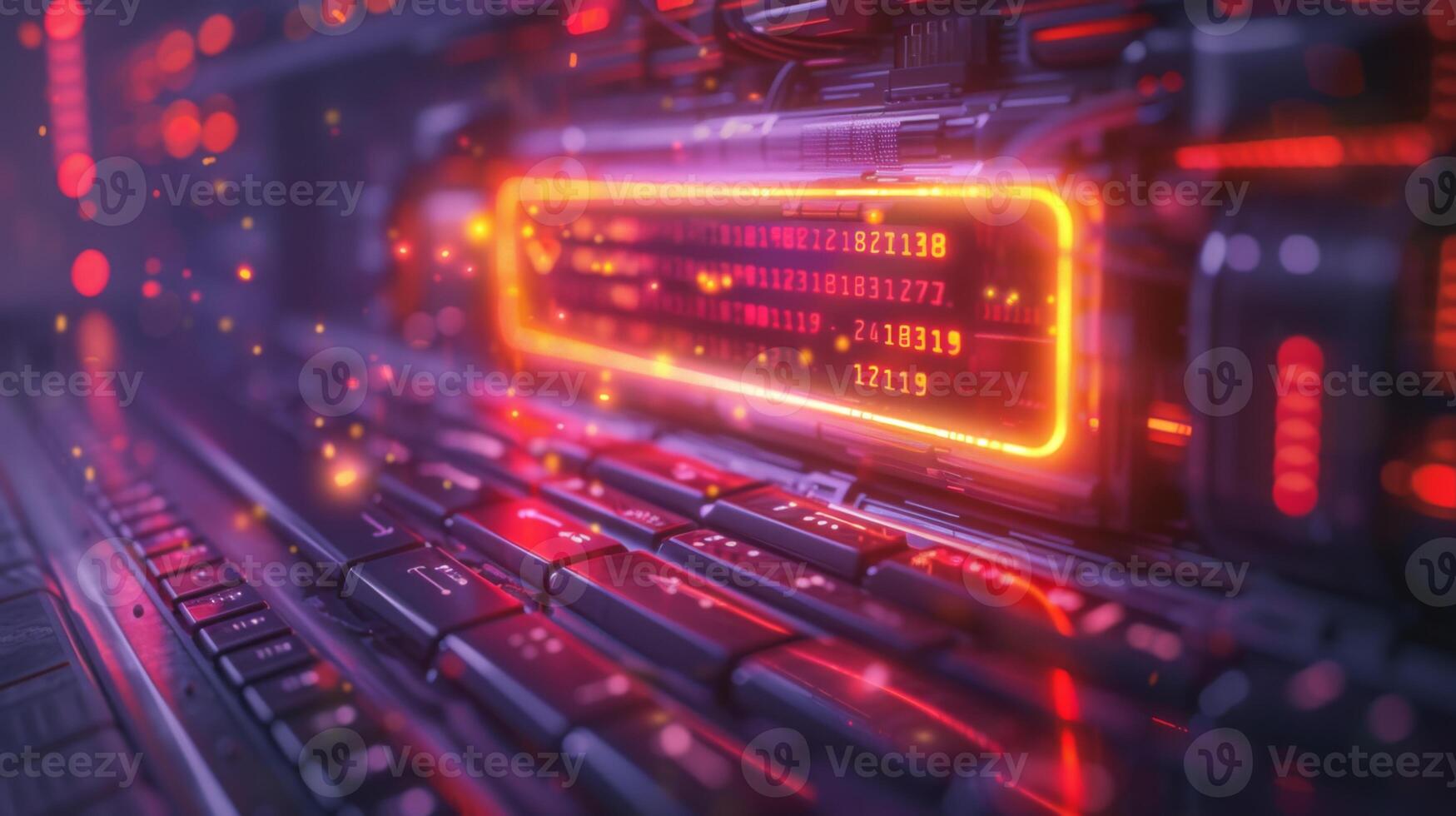 A workstation illuminated by vibrant colored lights displays intricate circuitry and glowing elements, highlighting the complexity of technology during evening hours. photo