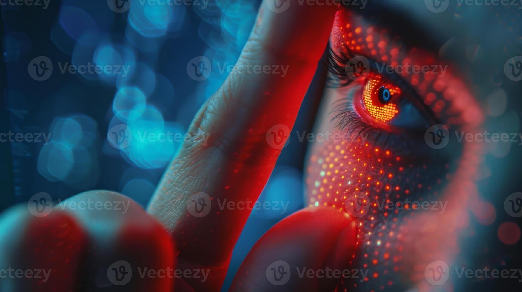A close up view of a human eye enhanced with vivid red and blue digital patterns, highlighting the interaction between technology and human senses in a dark background. photo
