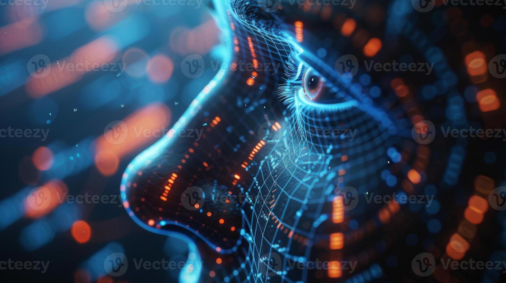 A digital depiction of a human face is intricately designed with glowing data patterns and vibrant colors, symbolizing the intersection of technology, art, and human expression. photo