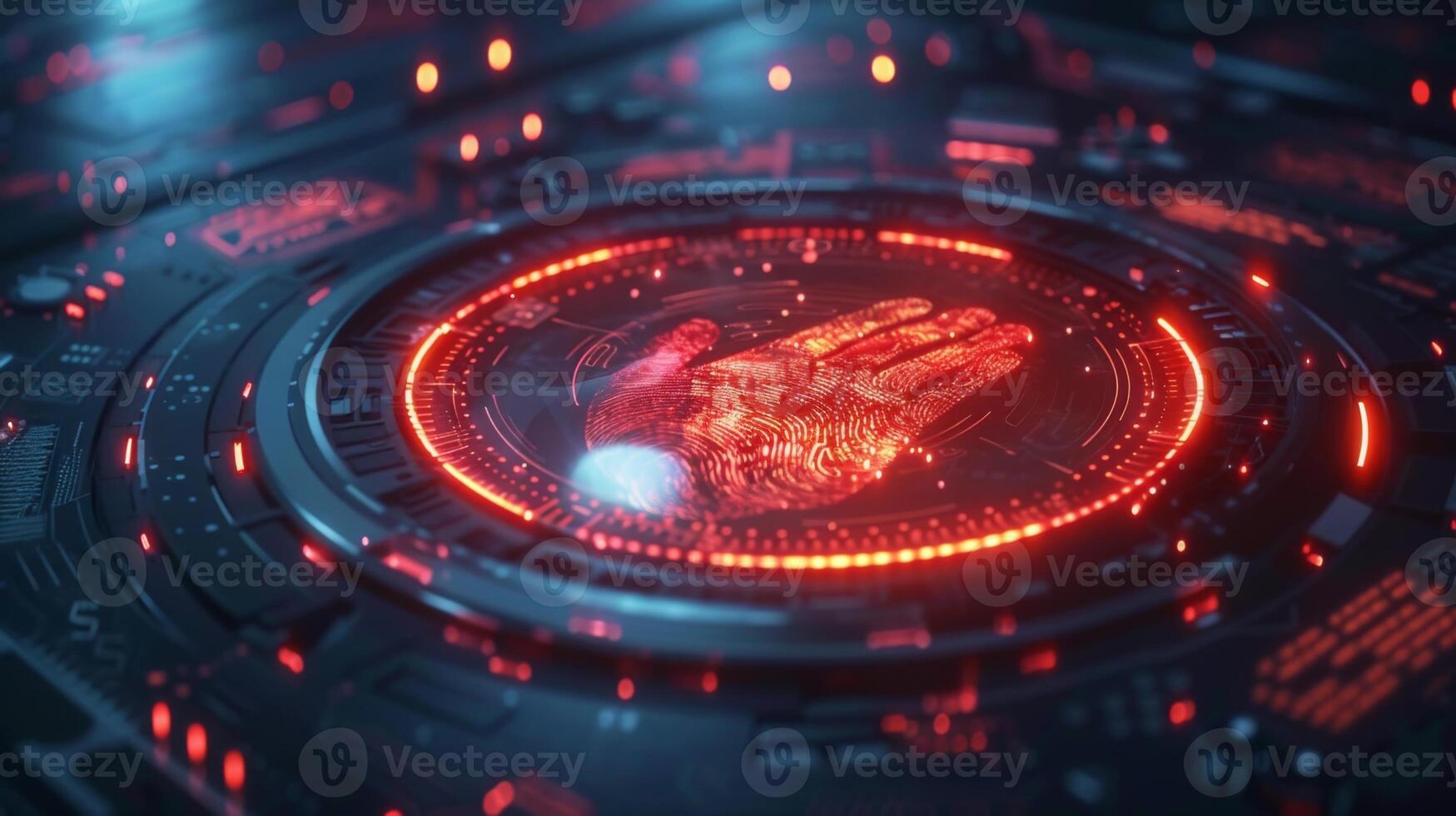 A fingerprint scanner is prominently featured on a digital display with intricate designs, glowing red and blue lights creating a high tech atmosphere, emphasizing digital security technology. photo