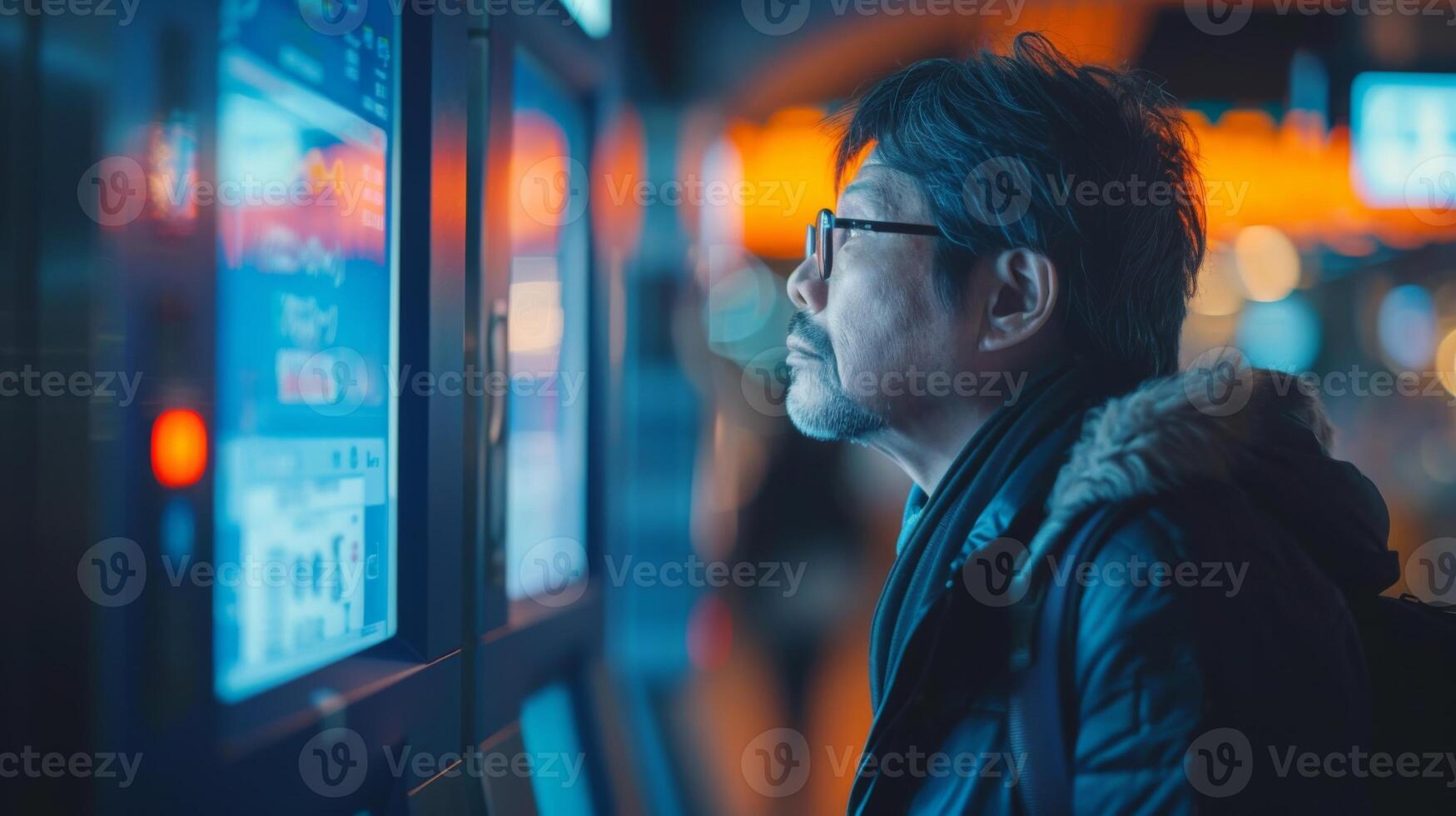 A man stands intently focused on digital screens in an urban area during the evening. The colorful glow of the screens illuminates his pensive expression. photo