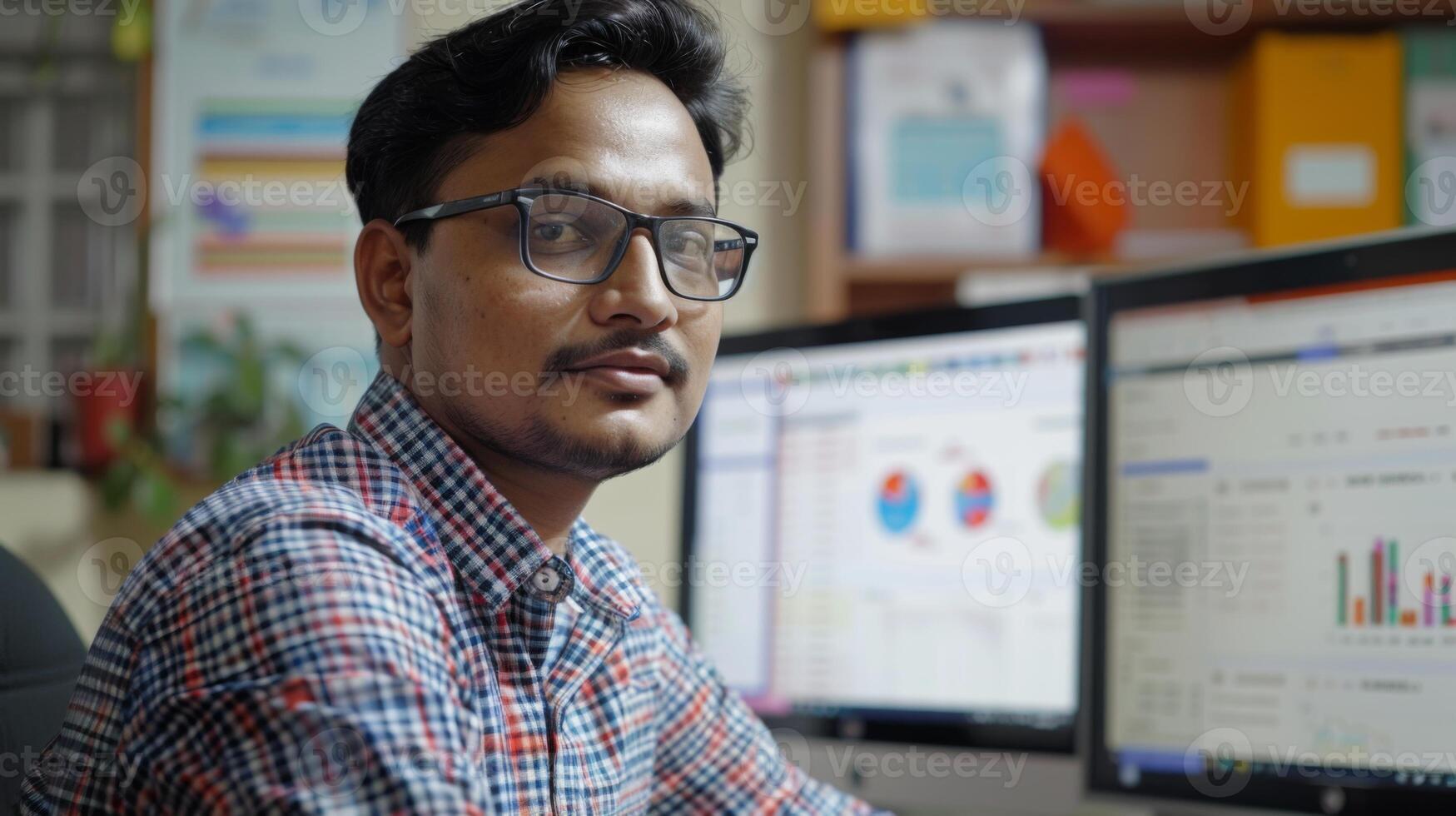 A focused individual in office attire sits at a desk, engaging with multiple computer monitors showcasing various charts and data. The workspace is organized and well lit. photo