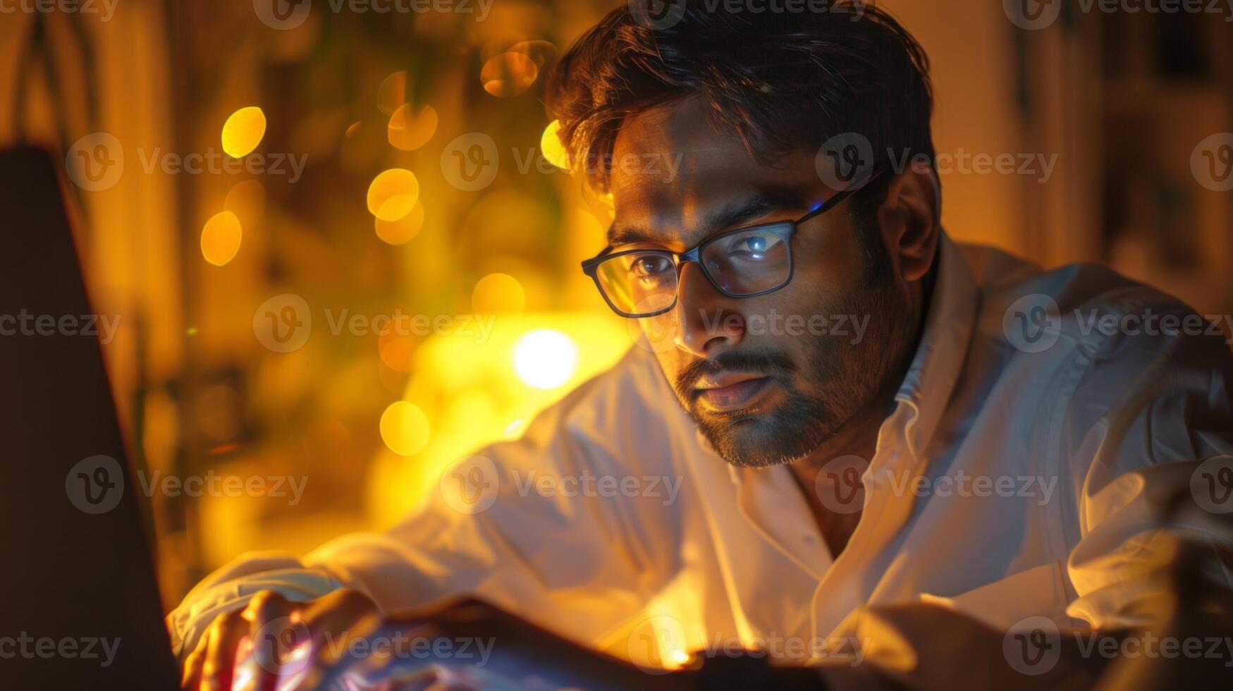 A person wearing glasses concentrates on a laptop screen in a cozy room filled with ambient lighting. The warm glow creates an intimate atmosphere perfect for late night work. photo