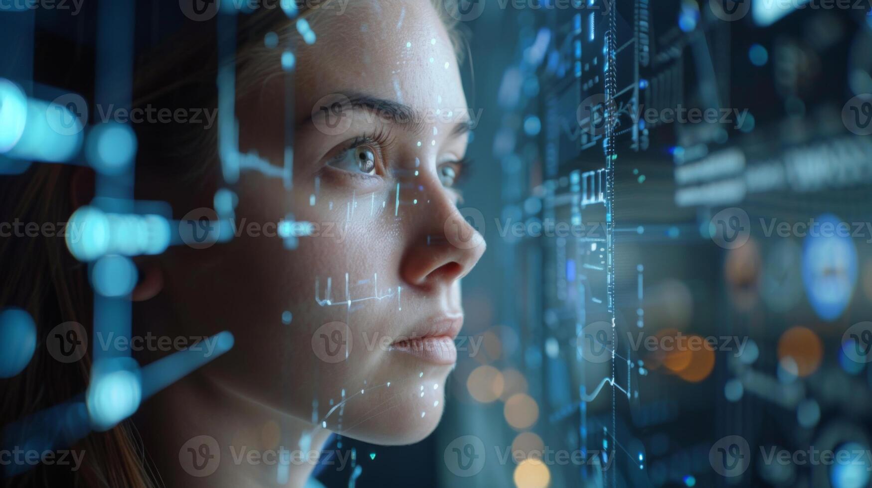 A young woman gazes intently at floating digital interfaces, immersed in a technological environment filled with blue holographic displays and lights. photo