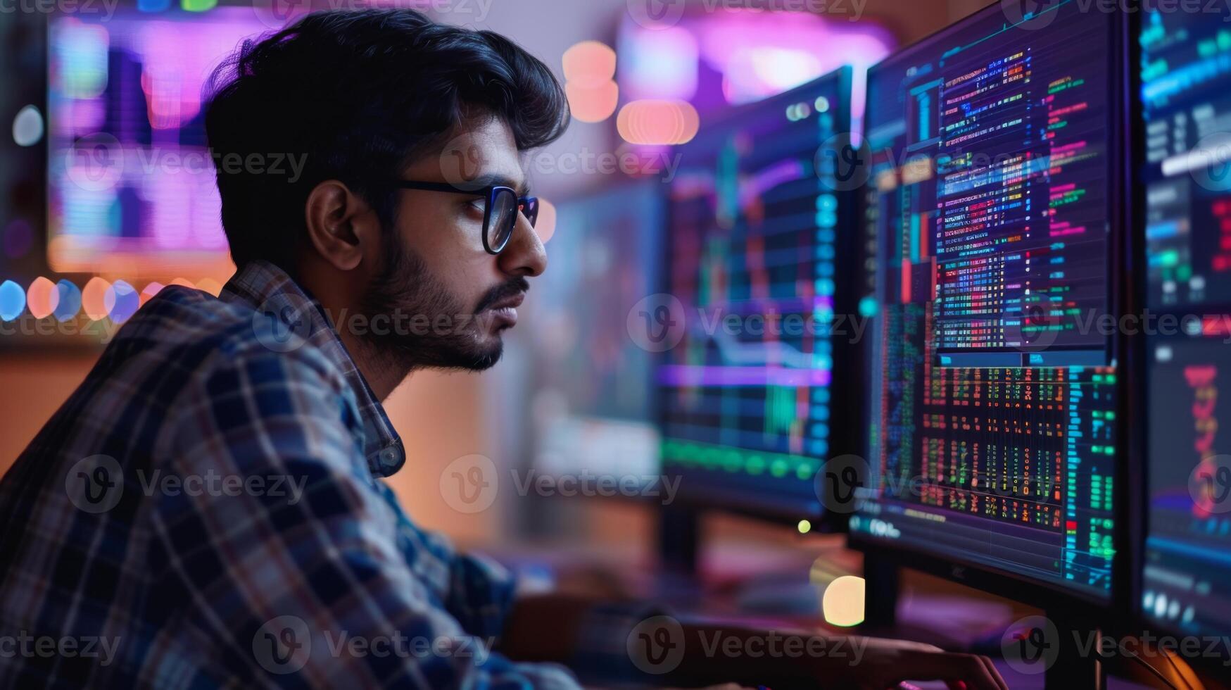 Individual intently examines several computer screens displaying colorful graphs and data, immersed in analysis in a tech driven environment illuminated by soft lighting. photo