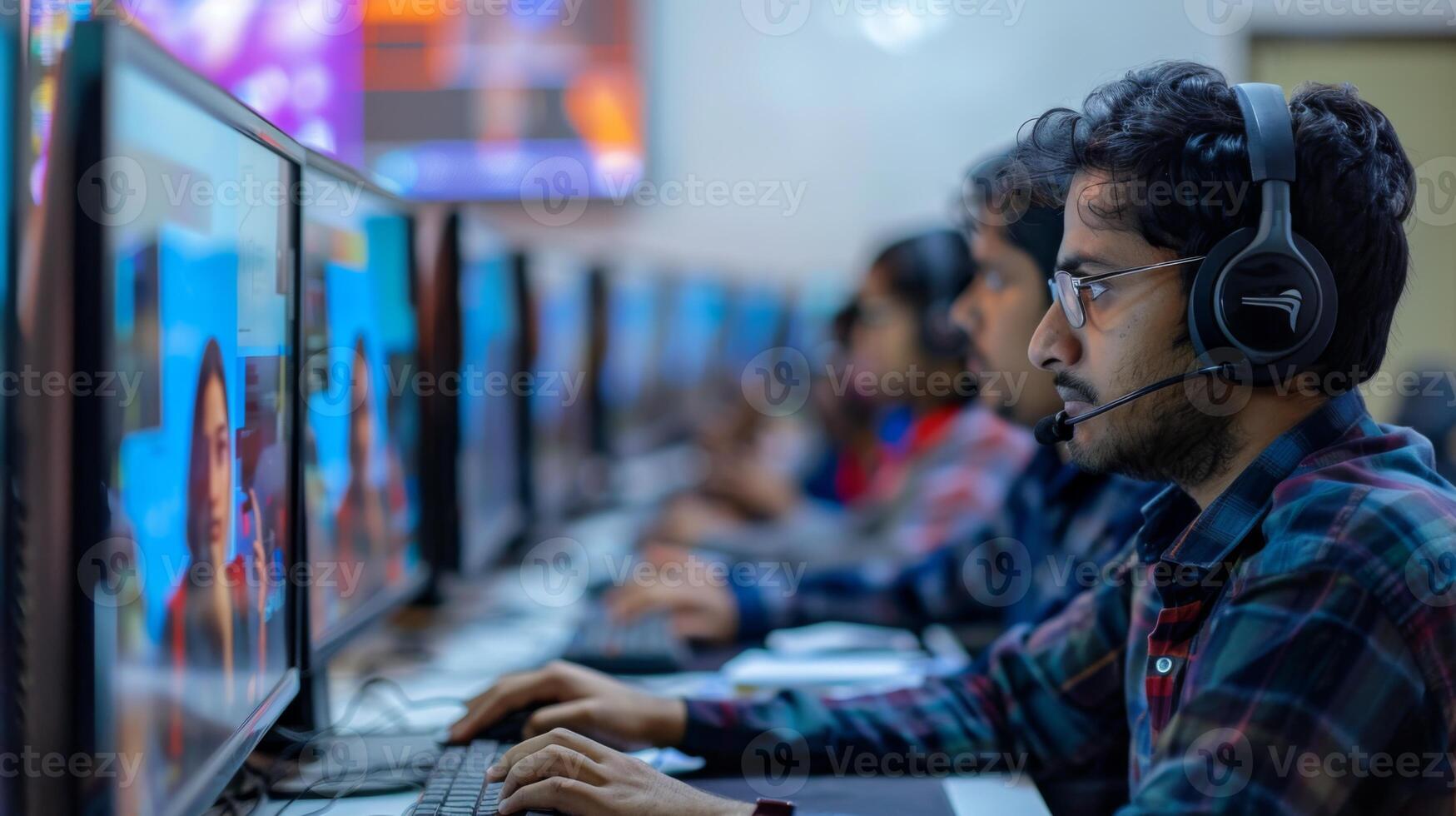 Group of individuals focused on their computer screens, participating in an online learning session while wearing headsets in a bright classroom environment. photo