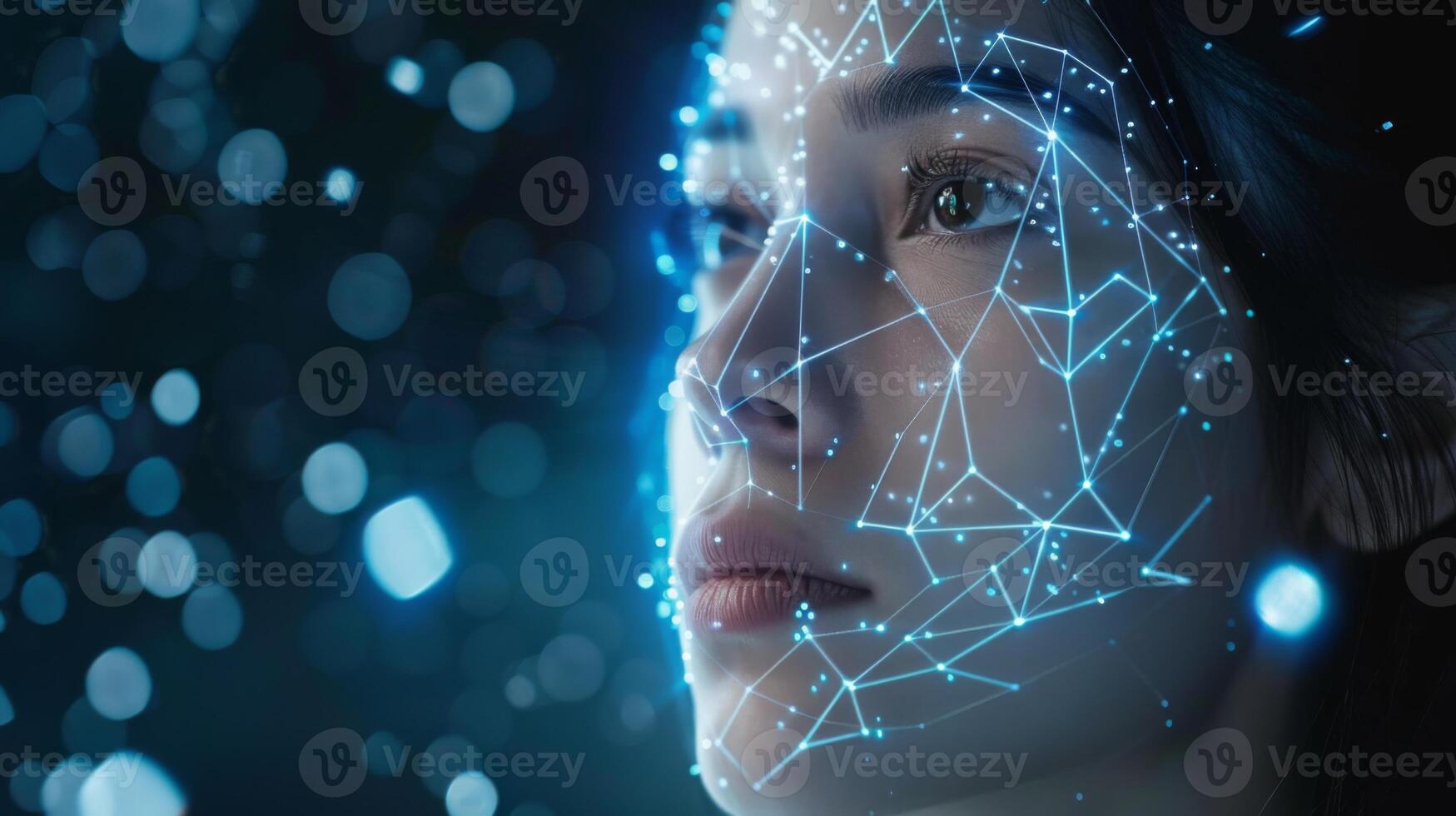 A close up view of a female face featuring a network of bright, glowing connections and particles. The atmosphere suggests a digital or futuristic environment with elements of technology. photo