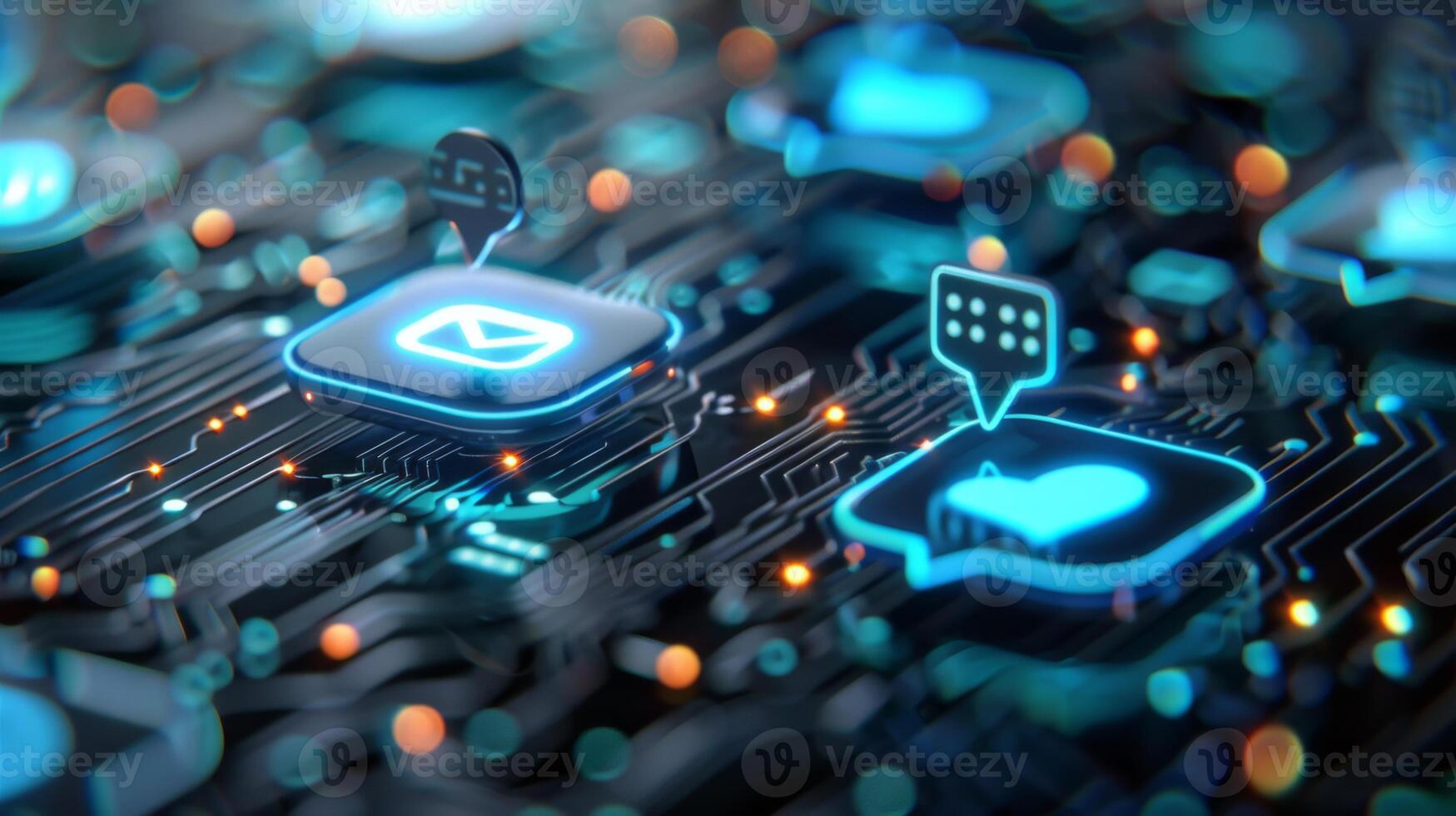 Symbols representing messages and notifications glow on a circuit board, highlighting the fusion of technology and communication in the digital age. photo