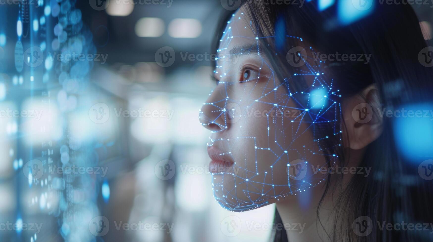A woman engages with cutting edge digital interfaces, showcasing glowing data streams and facial recognition symbols in a modern, tech driven environment. photo