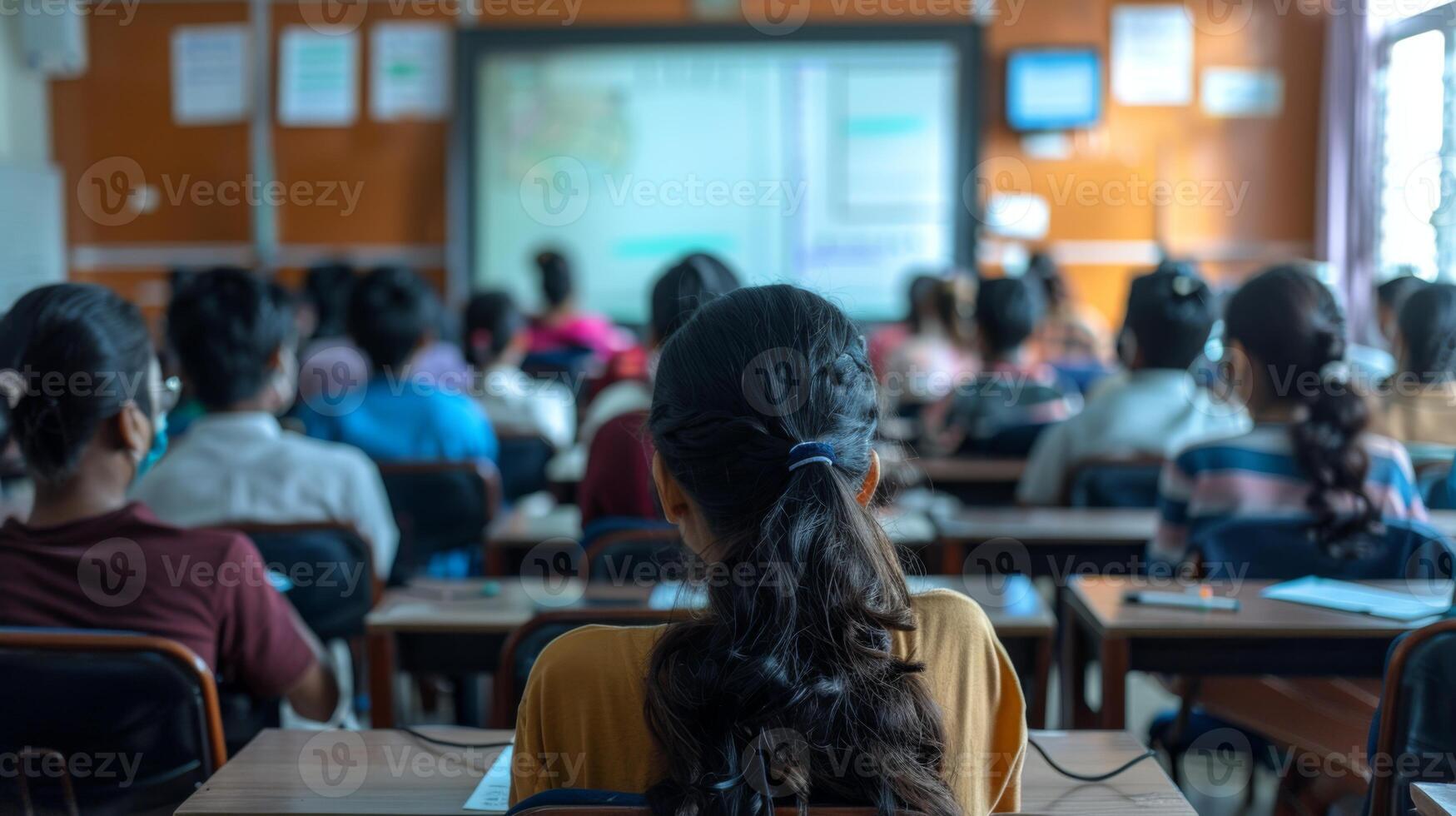 A group of students sits attentively in a classroom, focusing on a presentation displayed on a large screen. The setting is bright and facilitates a productive learning atmosphere. photo