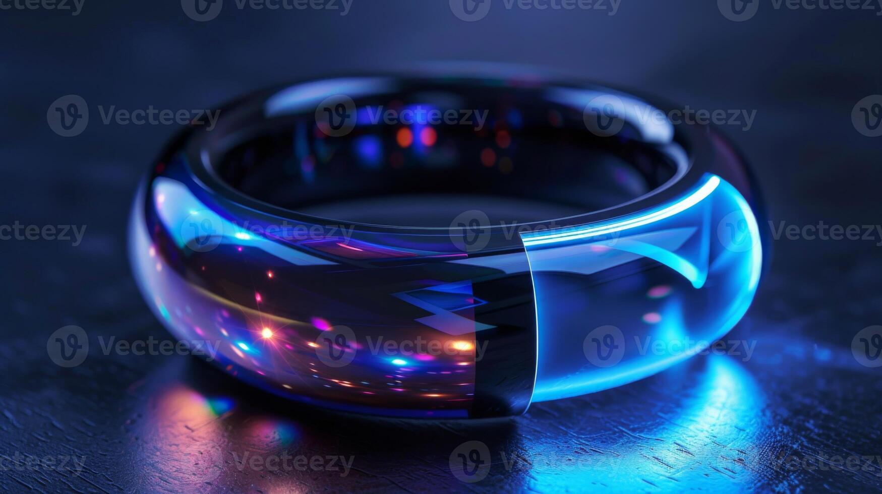 A sleek, luminous ring with a smooth surface displays captivating blue and purple light reflections on a dark background, showcasing its futuristic design and craftsmanship. photo