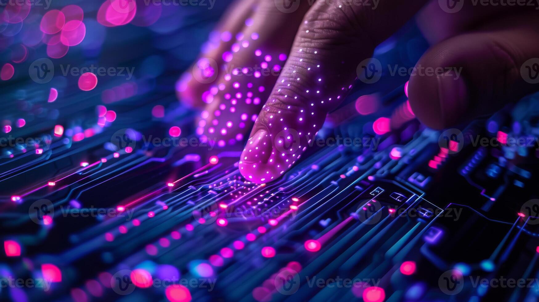 A human hand reaches out to touch a luminous circuit board, with colorful glowing connections illuminating the dark background, highlighting advancements in technology and digital design. photo