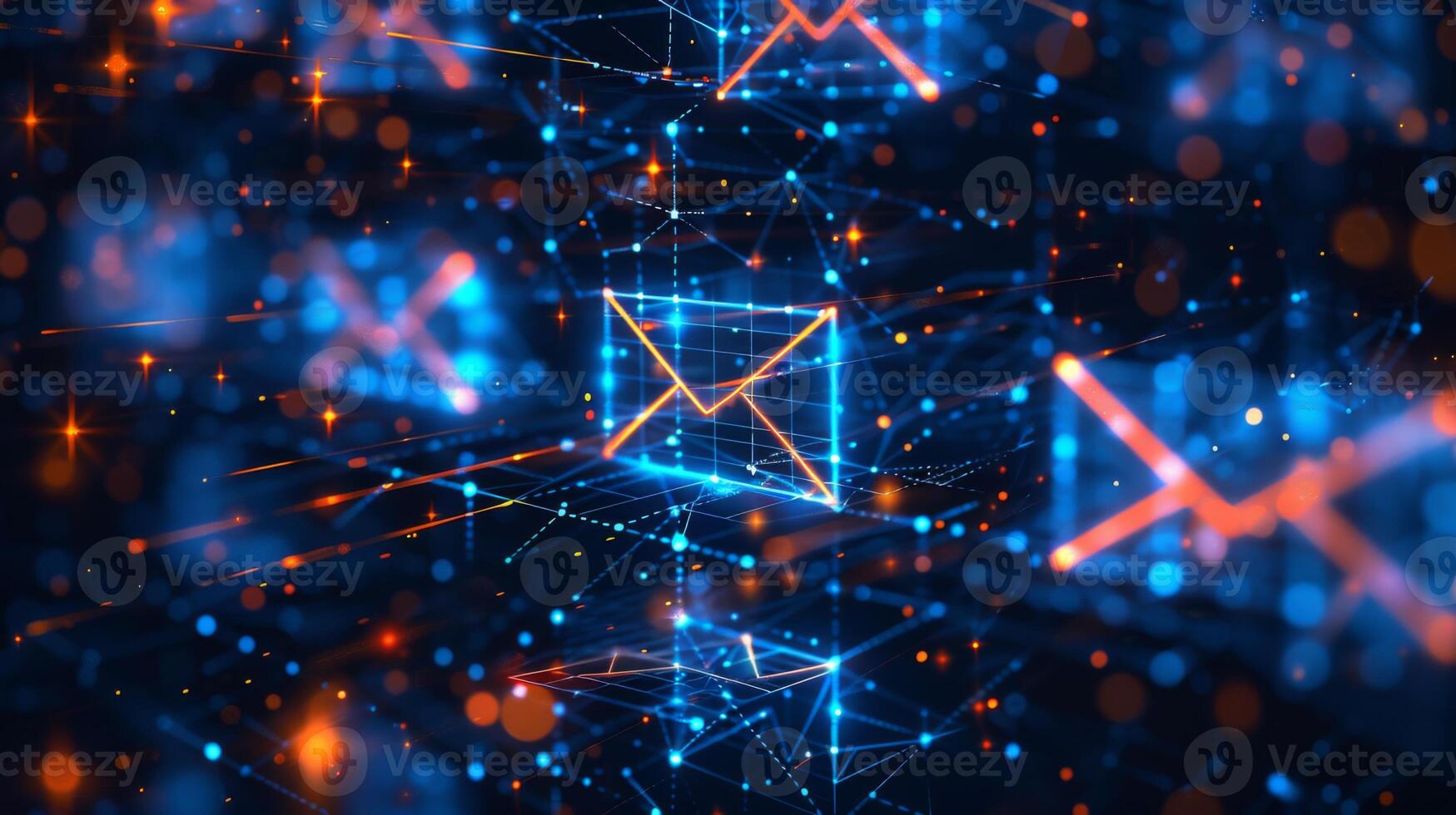 A network of glowing envelopes interconnected by bright lines and particles fills the dark background, illustrating the concept of digital communication in a modern, technological environment. photo