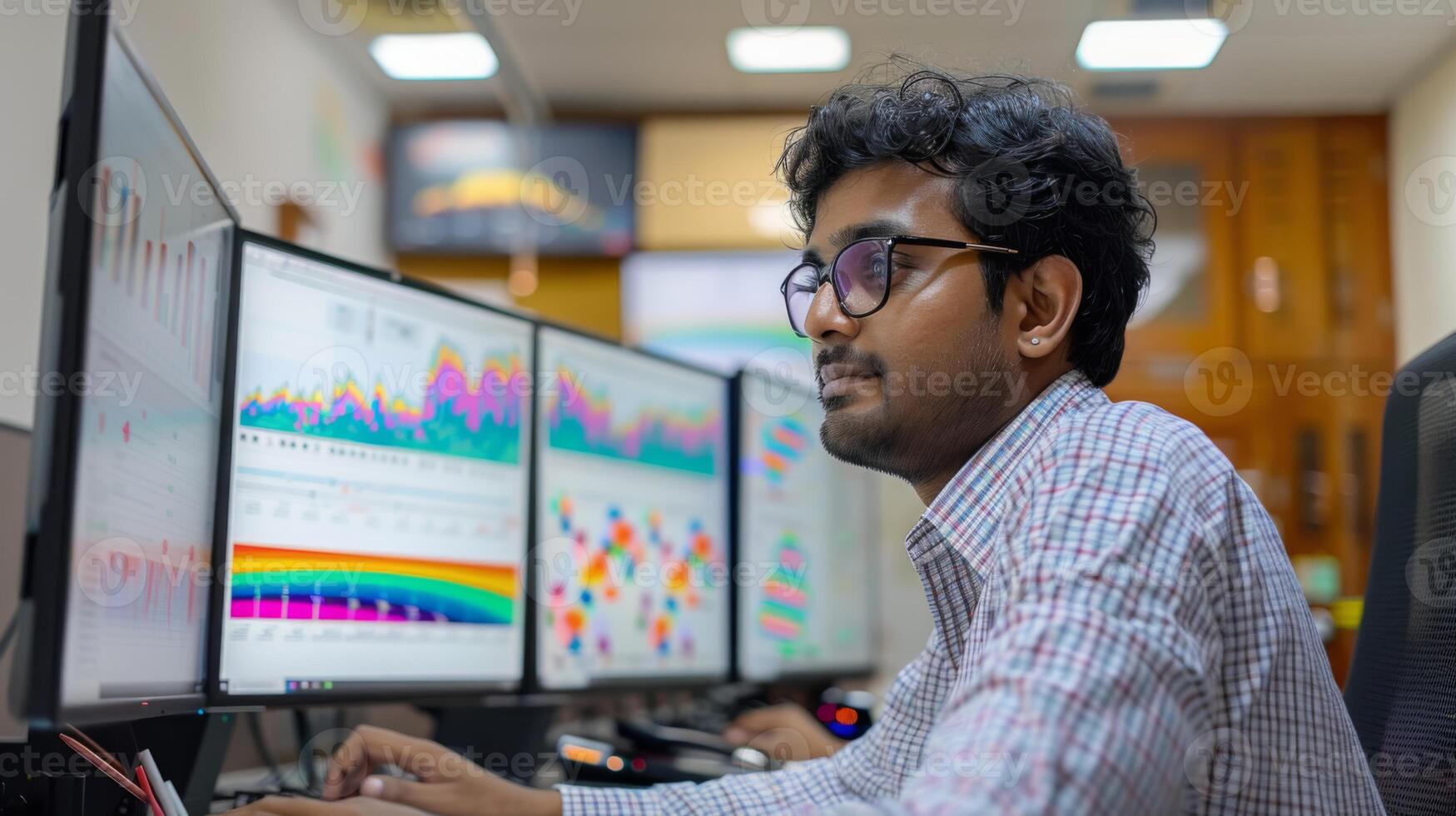 Focused young man is engaged in data analysis, utilizing multiple screens displaying colorful graphs and charts in a contemporary office environment during daytime hours. photo
