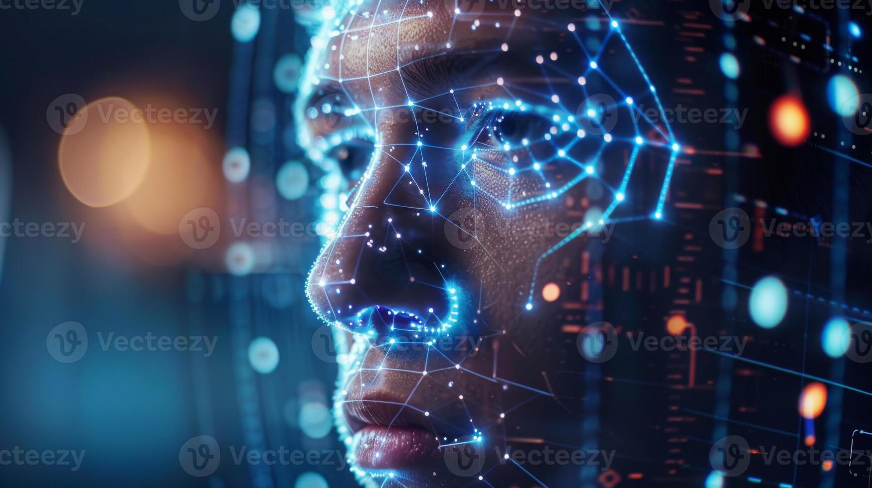 A person focuses on advanced facial recognition technology with bright digital patterns illuminating their face, highlighting the fusion of human and machine in an urban environment. photo