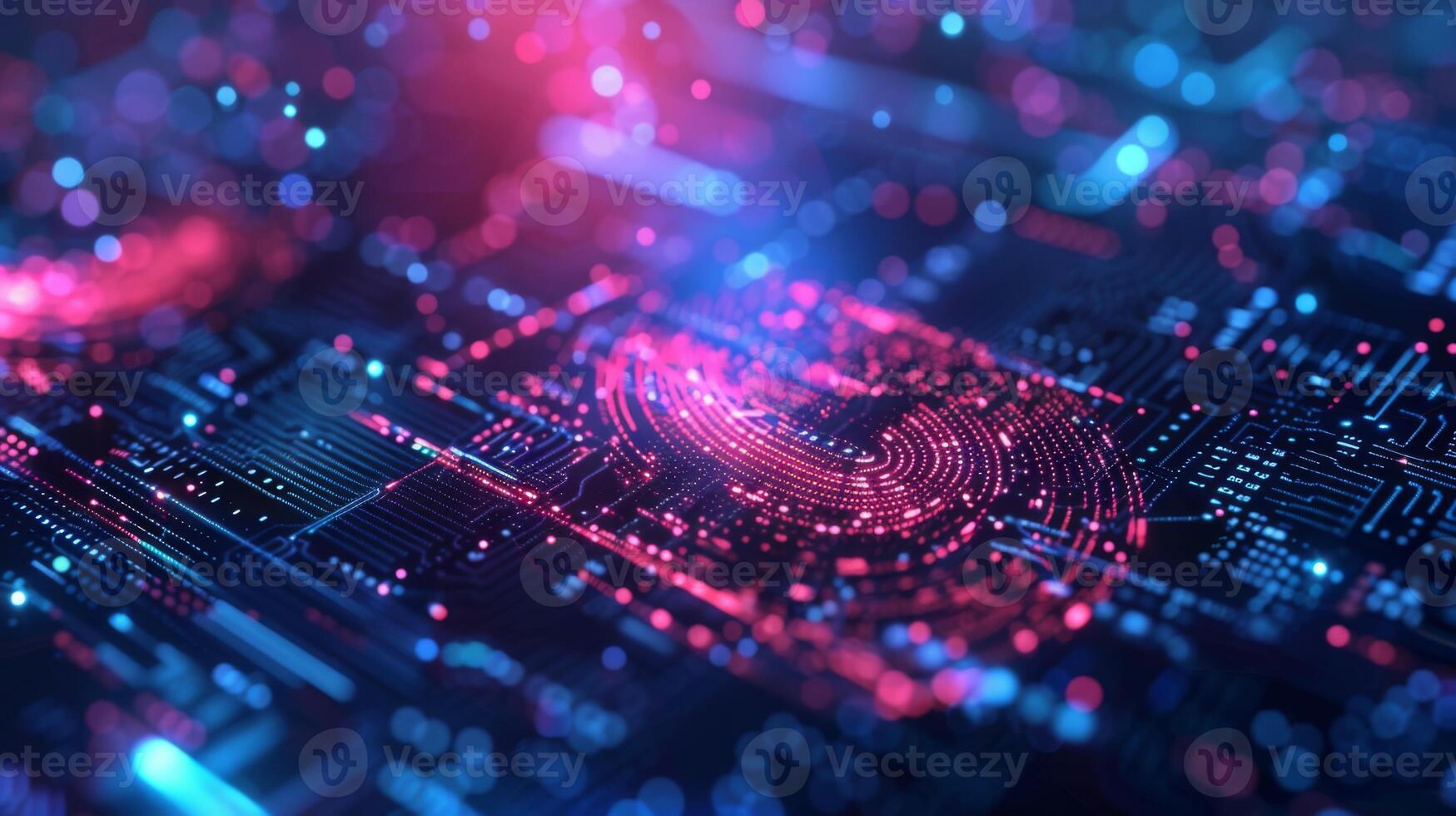 Vivid abstract composition showcasing intricate digital circuits illuminated by glowing dots in shades of blue and pink, representing advanced technology and innovation. photo