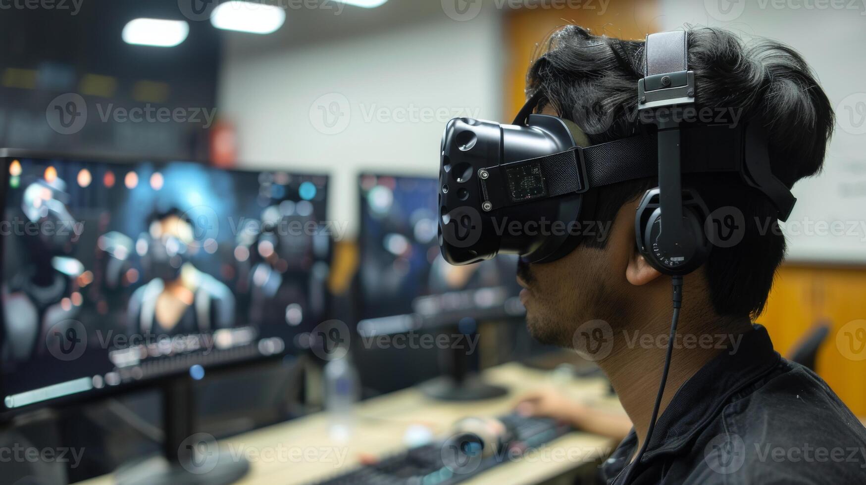 A person is immersed in a virtual reality experience while sitting at a desk in a computer lab at a university. Multiple monitors display engaging graphics. photo