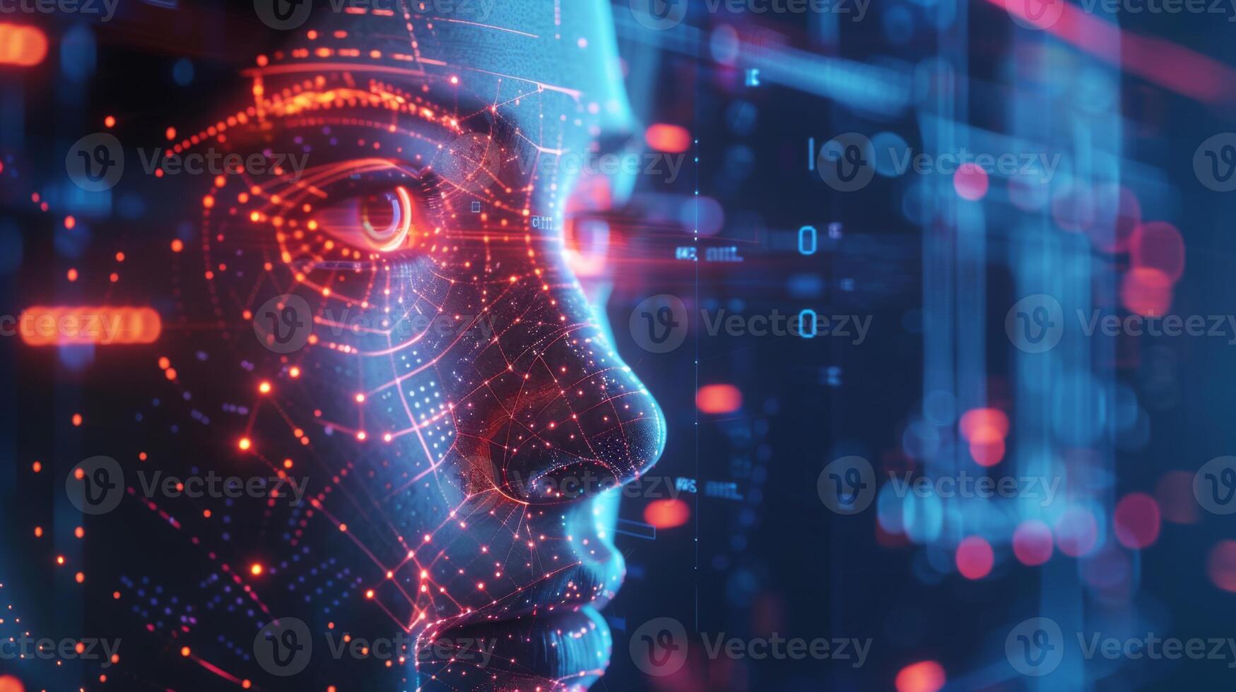 A close up view of a digital head showcasing intricate patterns and glowing lines, representing the fusion of artificial intelligence and human perception. photo