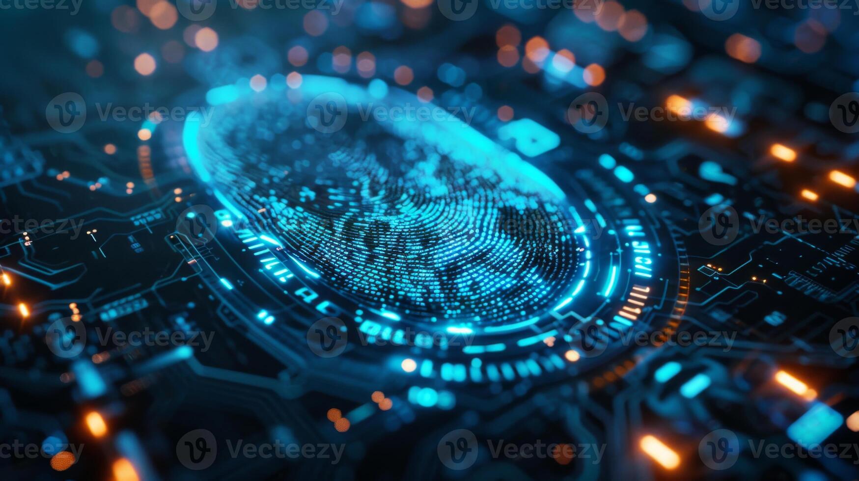 A vibrant digital fingerprint design completes a circuit board, illuminated by blue lighting in a high tech environment, showcasing innovation and security in technology. photo