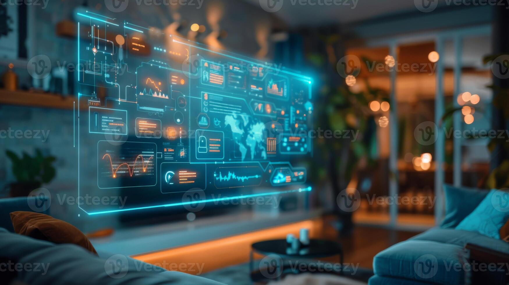A sleek living area features a holographic display presenting global analytics and data insights. Warm evening light enhances the cozy atmosphere with modern furnishings. photo