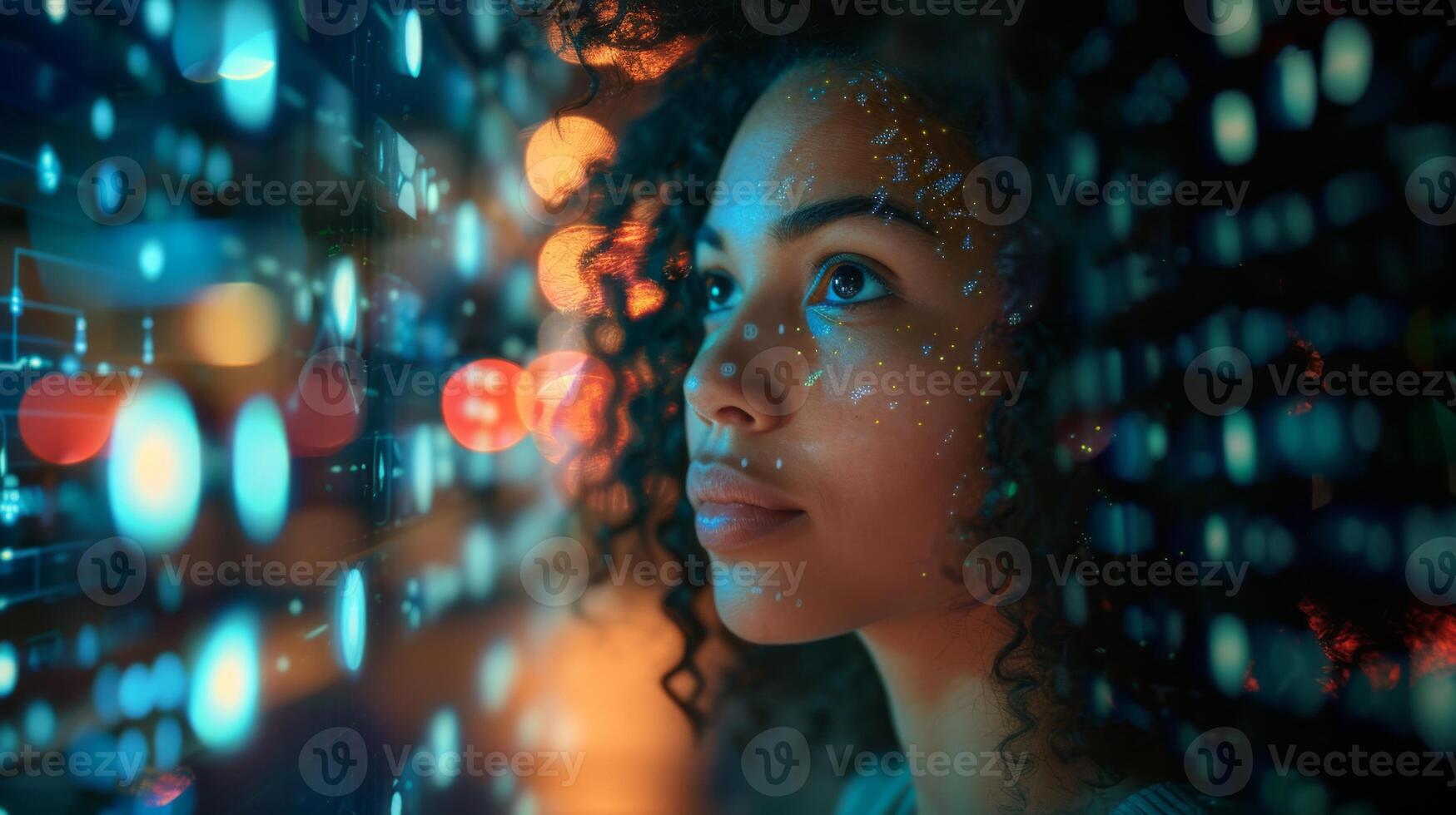 A woman with curly hair looks upward, captivated by multi colored lights and digital graphics around her. The atmosphere feels energetic and full of possibilities. photo